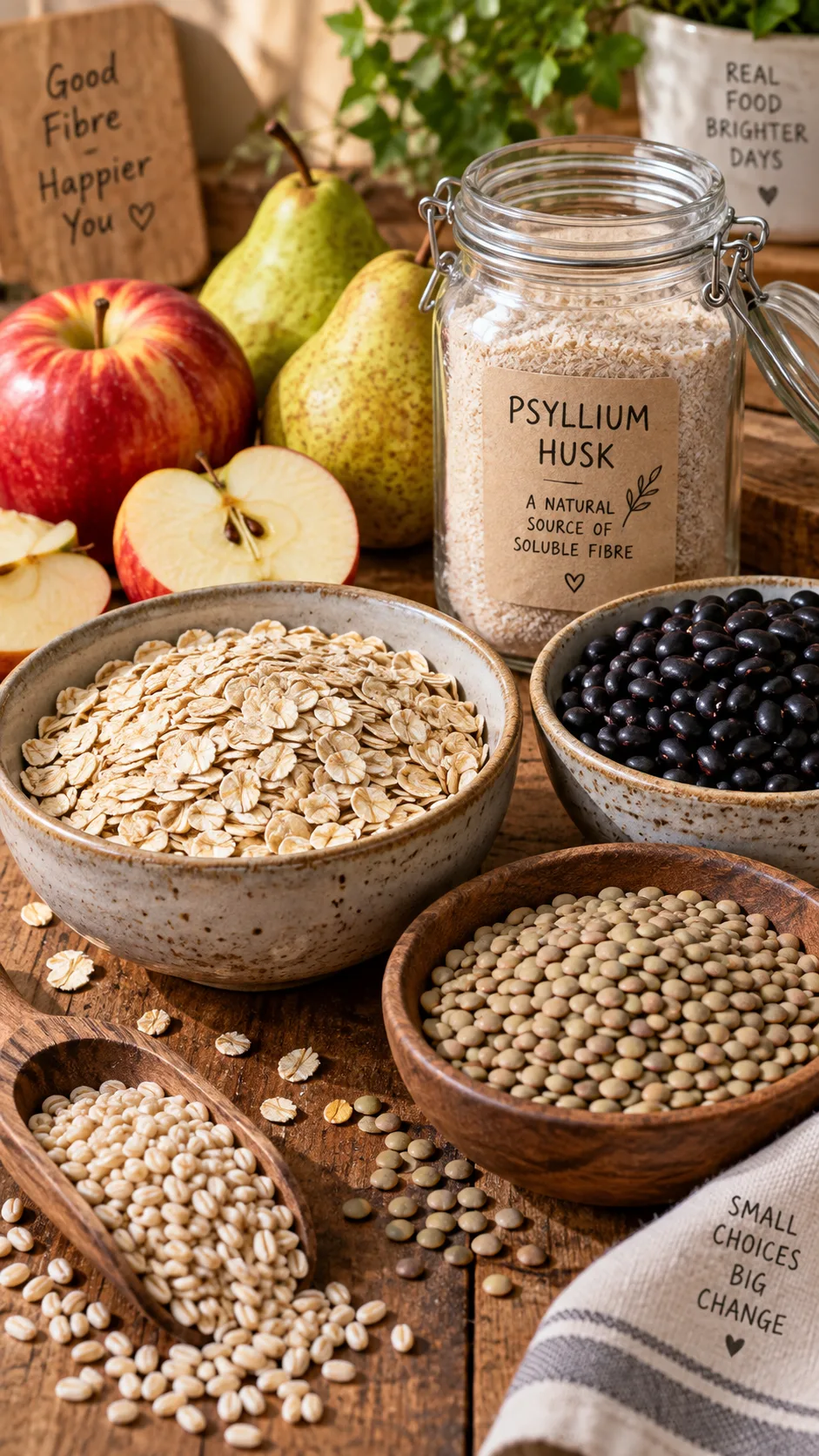 The High Cholesterol Diet Mistakes Keeping Your LDL Stubbornly High 3 Close-up of a rustic wooden table filled with high soluble fibre foods: bowls of oats, black beans, lentils, psyllium husk in a jar, apples, pears and barley, warm natural lighting, food blog photography style