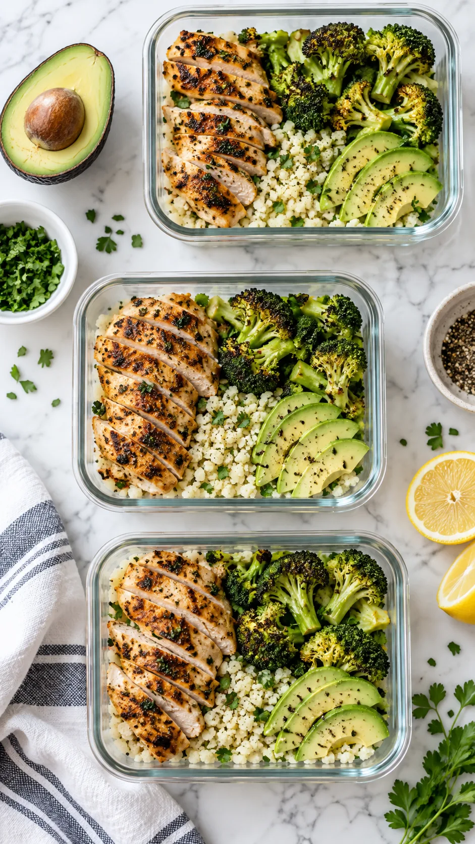 Low Carb Meal Prep Ideas That Make Healthy Eating Effortless All Week 1 Overhead flat lay of glass meal prep containers filled with grilled chicken, roasted broccoli, avocado slices and cauliflower rice on a clean white marble counter, bright natural window light, food photography