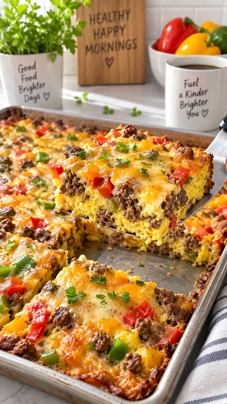 Ground Beef Meal Prep Recipes That Are High-Protein, Budget-Friendly & Actually Delicious 4 Sheet pan breakfast egg and ground beef bake cut into squares, with colorful bell peppers and melted cheese, being lifted with a spatula, bright morning kitchen light