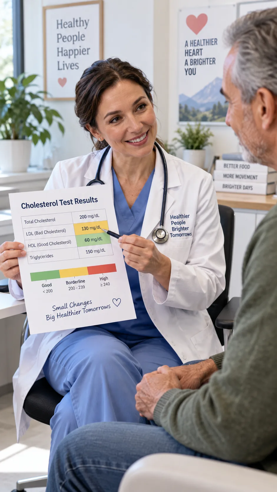 The High Cholesterol Diet Mistakes Keeping Your LDL Stubbornly High 4 A doctor in a bright clinic discussing a cholesterol test result chart with a patient, both seated, warm and reassuring atmosphere, professional healthcare photography