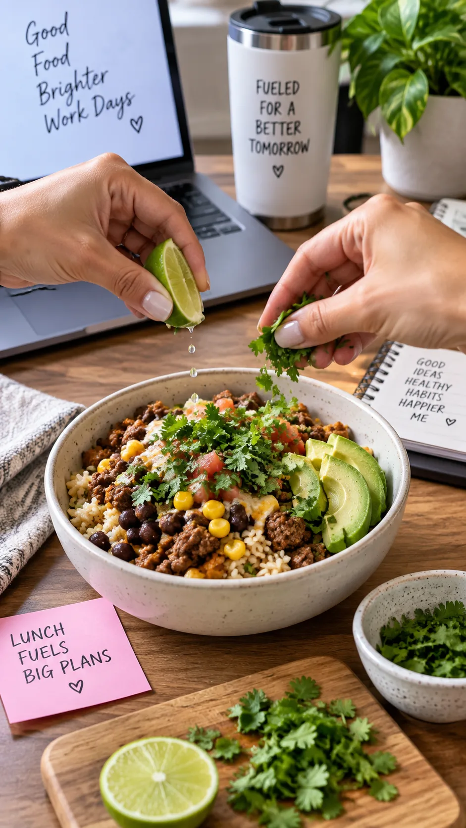 Ground Beef Meal Prep Recipes That Are High-Protein, Budget-Friendly & Actually Delicious 5 Person adding fresh lime juice and chopped cilantro to a reheated ground beef rice bowl at an office desk, hands in frame, casual lifestyle food photography
