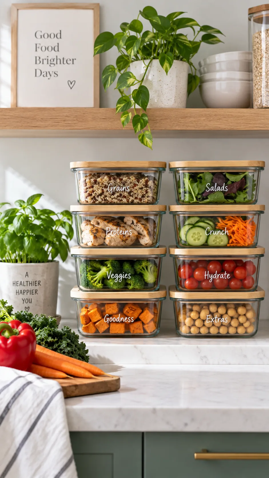 Low Carb Meal Prep Ideas That Make Healthy Eating Effortless All Week 2 A neat row of stacked glass meal prep containers with bamboo lids on a kitchen shelf next to fresh vegetables, minimalist kitchen aesthetic, soft daylight