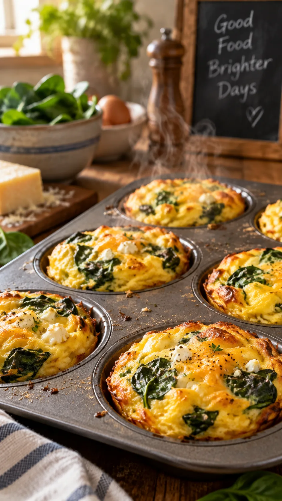 Low Carb Meal Prep Ideas That Make Healthy Eating Effortless All Week 3 Close-up of a muffin tin filled with golden baked egg muffin cups with spinach and cheese, steam rising, rustic kitchen background, warm natural light