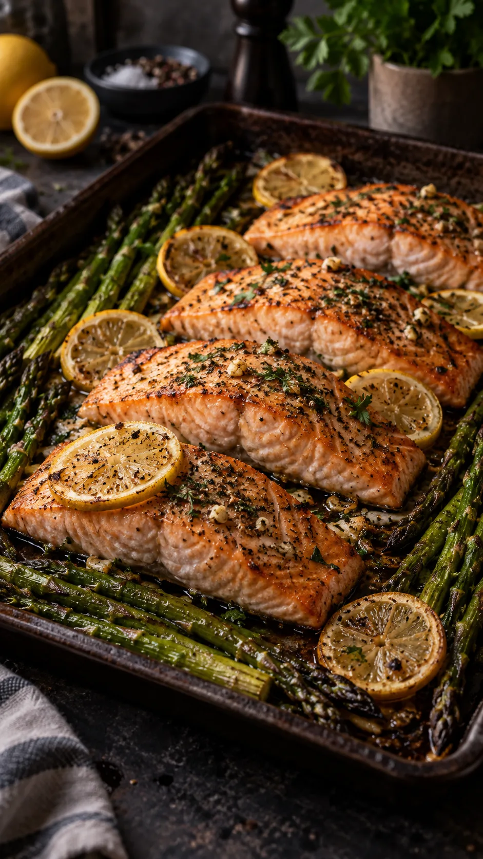 Low Carb Meal Prep Ideas That Make Healthy Eating Effortless All Week 4 Sheet pan dinner of salmon fillets with roasted asparagus and lemon slices, fresh out of the oven on a dark metal tray, moody kitchen lighting