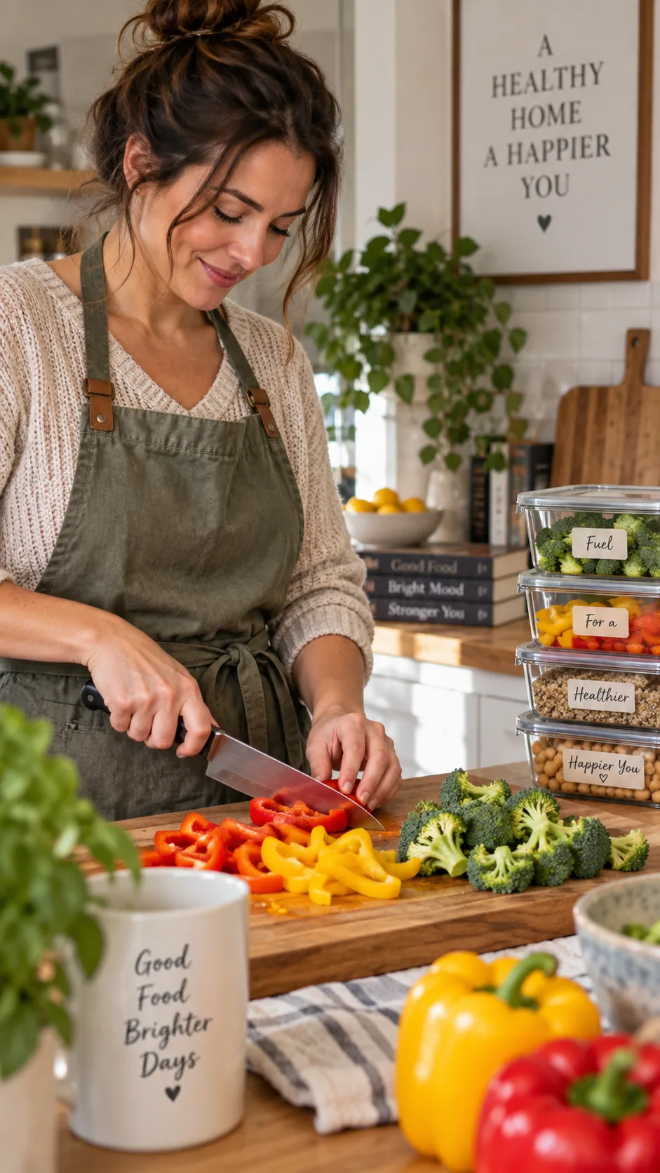 Low Carb Meal Prep Ideas That Make Healthy Eating Effortless All Week 5 A person in a home kitchen chopping colorful bell peppers and broccoli on a wooden board, with prepped containers in the background, candid lifestyle photography, warm inviting tones