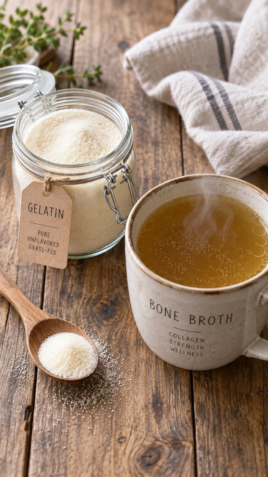 Overhead shot of a glass jar of unflavored gelatin powder next to a steaming mug of collagen-rich bone broth on a rustic wooden table, soft morning light, minimal styling, food photography