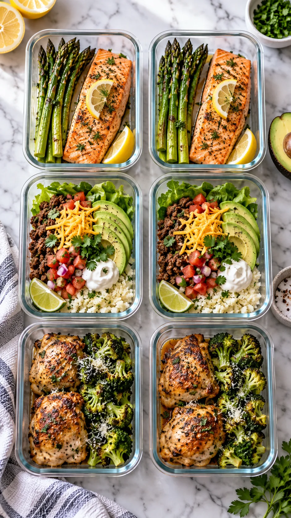 Easy Keto Meal Prep for the Week: Save Time, Stay in Ketosis, and Never Feel Deprived 1 Overhead flat lay of six glass meal prep containers filled with colorful keto meals — grilled salmon with asparagus, ground beef taco bowls with avocado, chicken thighs with roasted broccoli — on a bright marble kitchen counter, natural window light, food photography, shallow depth of field