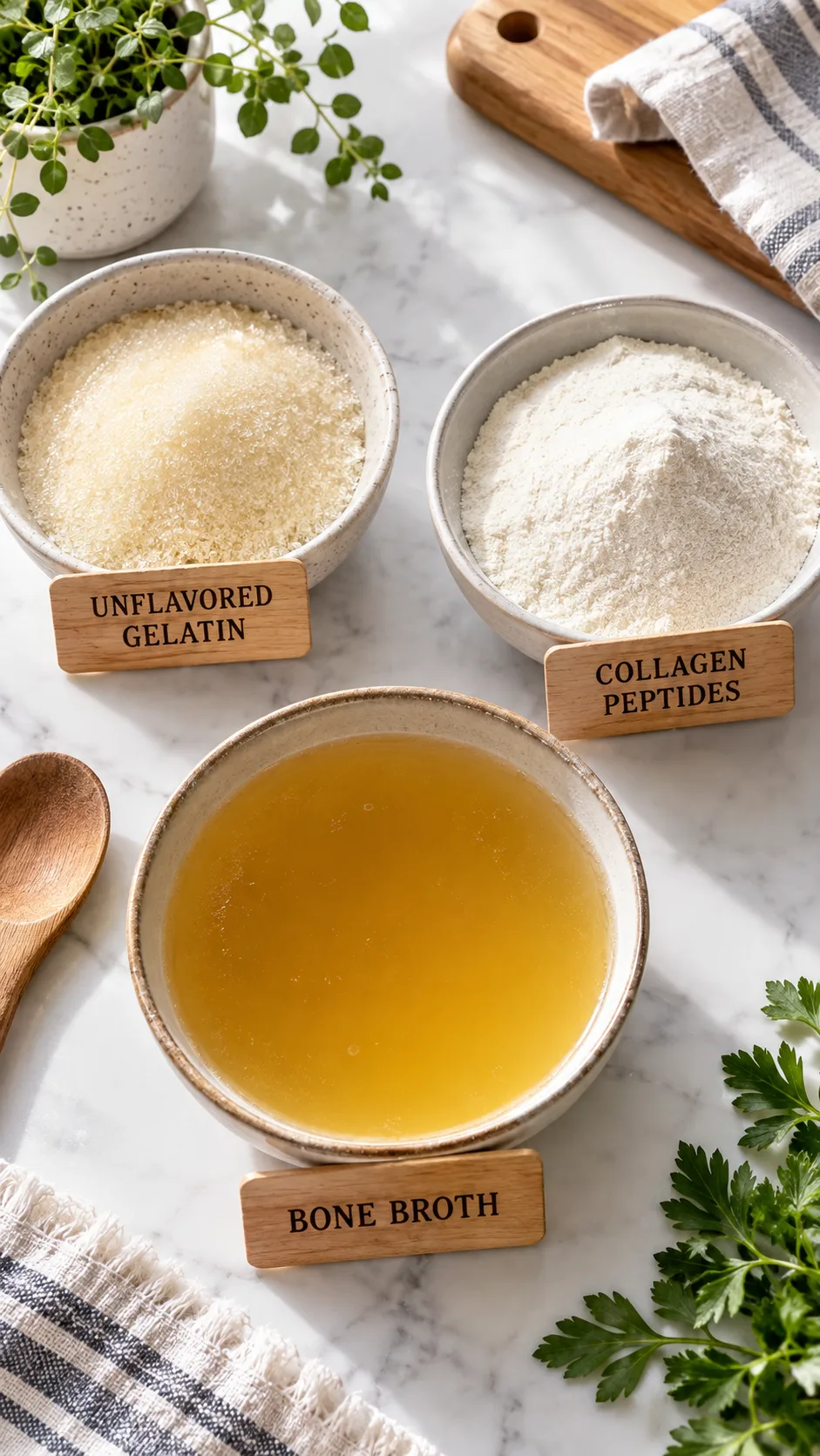 Flat lay of three bowls showing unflavored gelatin powder, collagen peptides powder, and a bowl of golden bone broth, labeled with small wooden tags, bright kitchen counter, natural light, editorial food photography