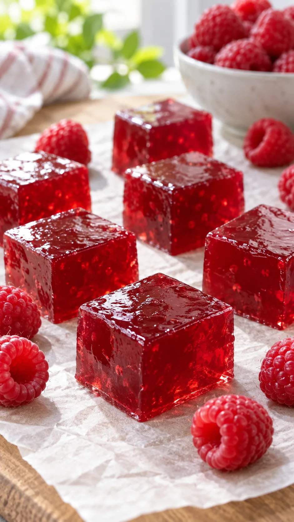 Close up of homemade red berry gelatin gummies in cube shapes arranged on parchment paper with fresh raspberries scattered around, glossy texture, bright natural window light, appetizing food photography