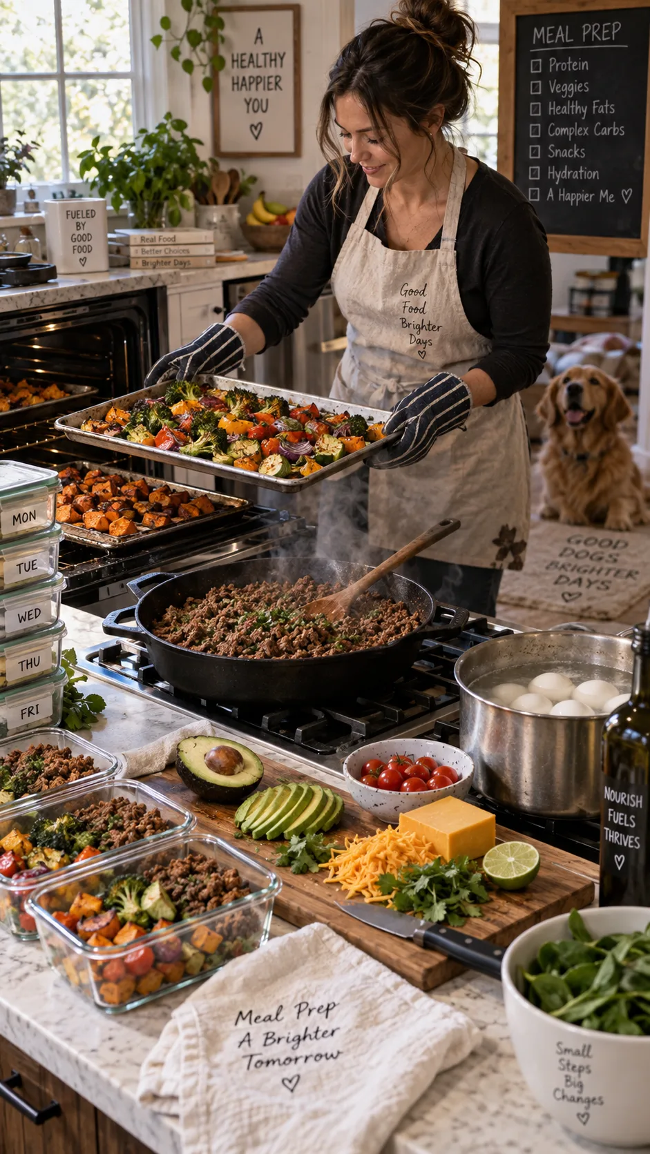 Easy Keto Meal Prep for the Week: Save Time, Stay in Ketosis, and Never Feel Deprived 2 A busy home kitchen mid meal-prep: sheet pans of roasted vegetables coming out of the oven, a large skillet of browned ground beef, a pot of boiled eggs, cutting board with sliced avocado and cheese, steam rising, warm natural lighting, candid documentary style