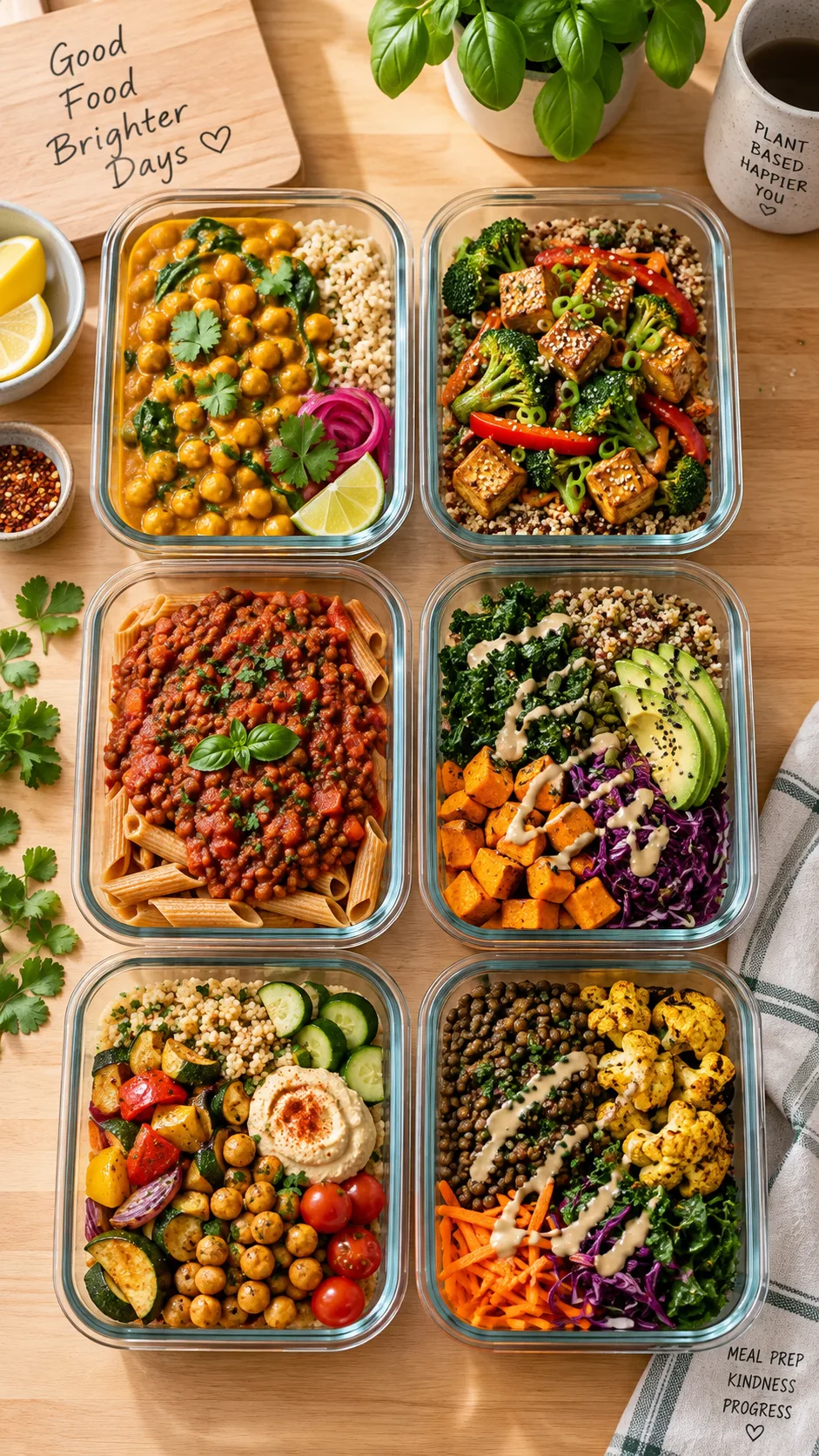 Easy Vegan Meal Prep for the Week: Healthy Recipes That Actually Keep You Full 1 Overhead flat lay of six glass meal prep containers filled with colourful vegan meals — chickpea curry, tofu stir fry, lentil bolognese, grain bowls — on a bright wooden kitchen counter, natural window light, food photography