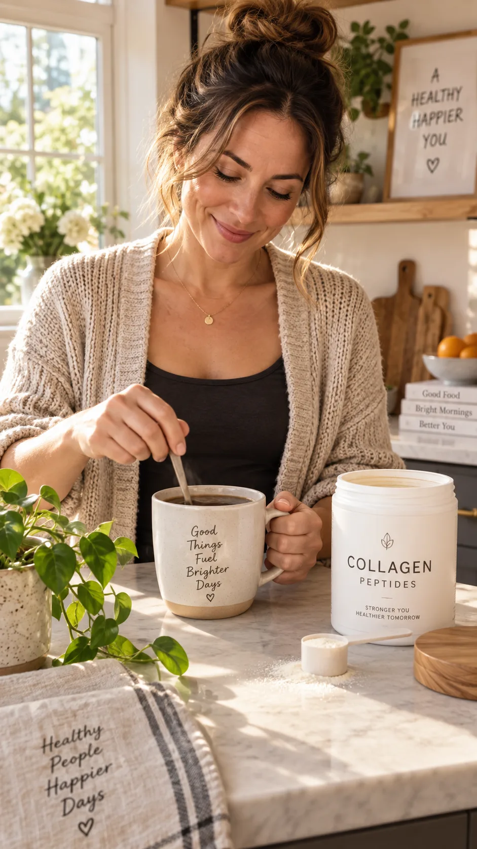 Woman in her thirties stirring collagen powder into a mug of black coffee at a sunlit kitchen counter, casual home setting, cosy lifestyle photography, warm tones, natural candid moment