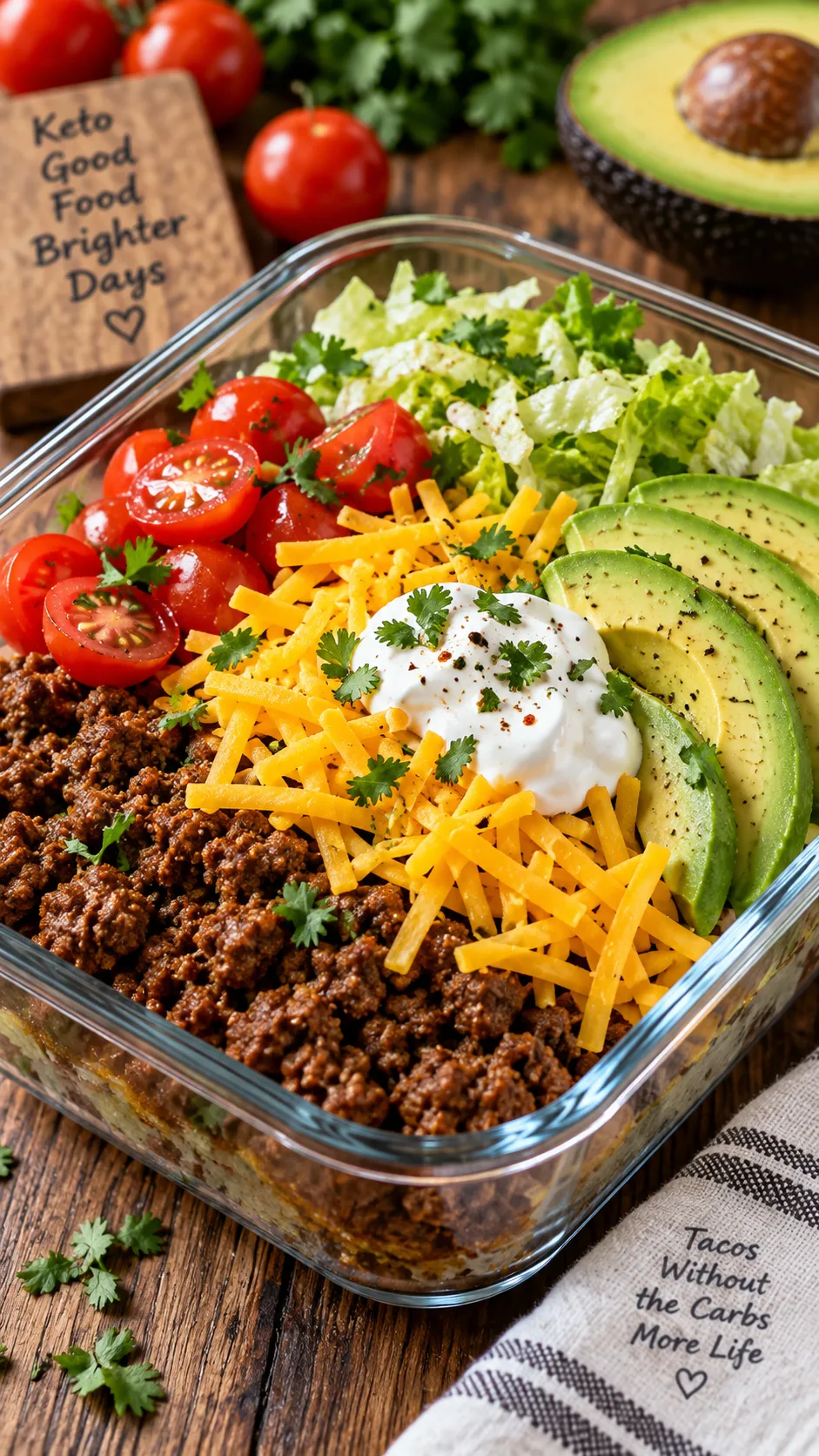 Easy Keto Meal Prep for the Week: Save Time, Stay in Ketosis, and Never Feel Deprived 3 Close-up of a keto beef taco bowl in a glass container: seasoned ground beef, shredded cheddar, sour cream, sliced avocado, cherry tomatoes and shredded lettuce, vibrant colors, rustic wooden table, appetizing food photography