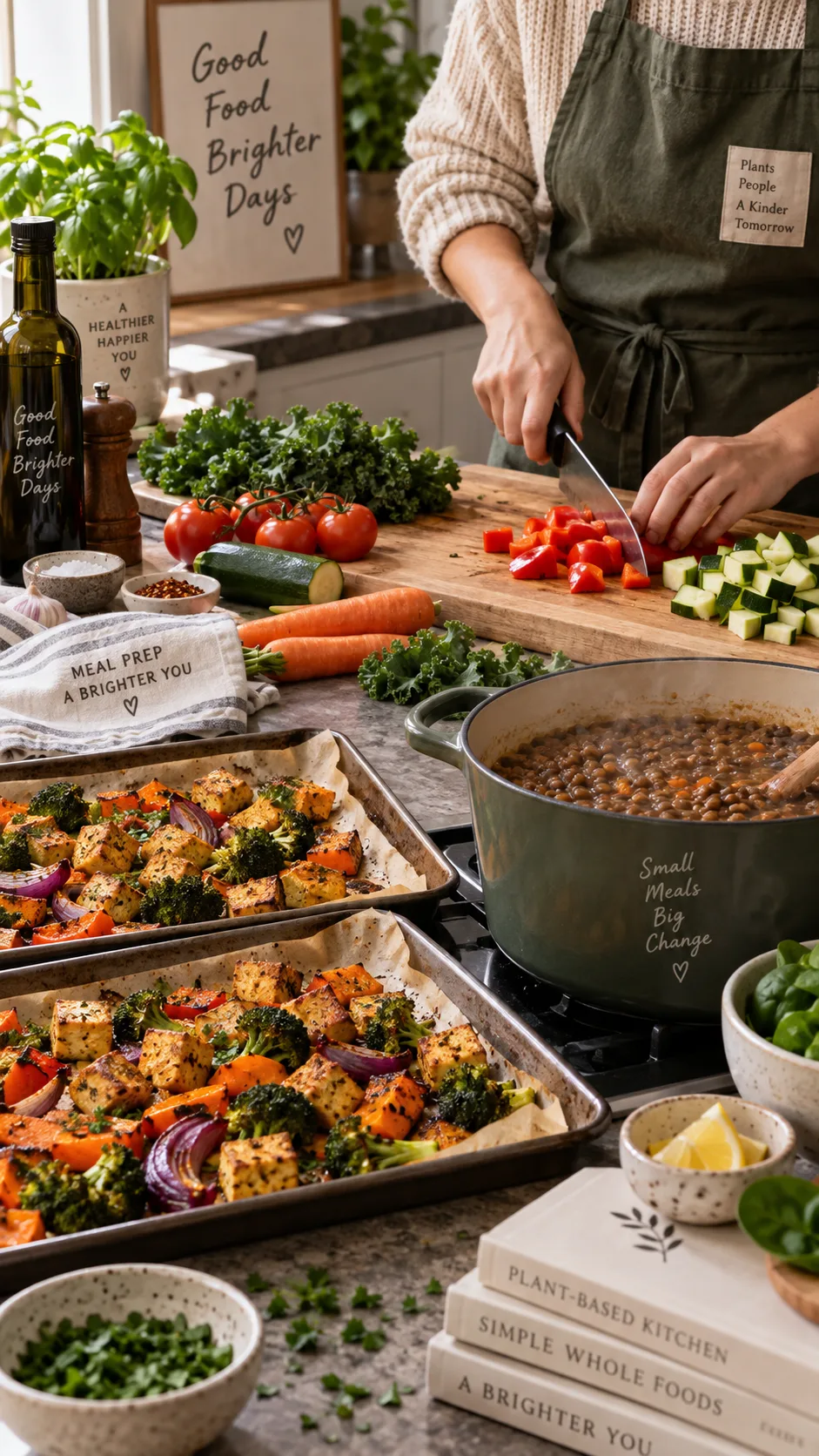 Easy Vegan Meal Prep for the Week: Healthy Recipes That Actually Keep You Full 2 Kitchen counter mid meal-prep with two baking trays of roasted tofu and vegetables, a pot of simmering lentils, chopping board with fresh vegetables, hands chopping, warm natural lighting, documentary style food photography