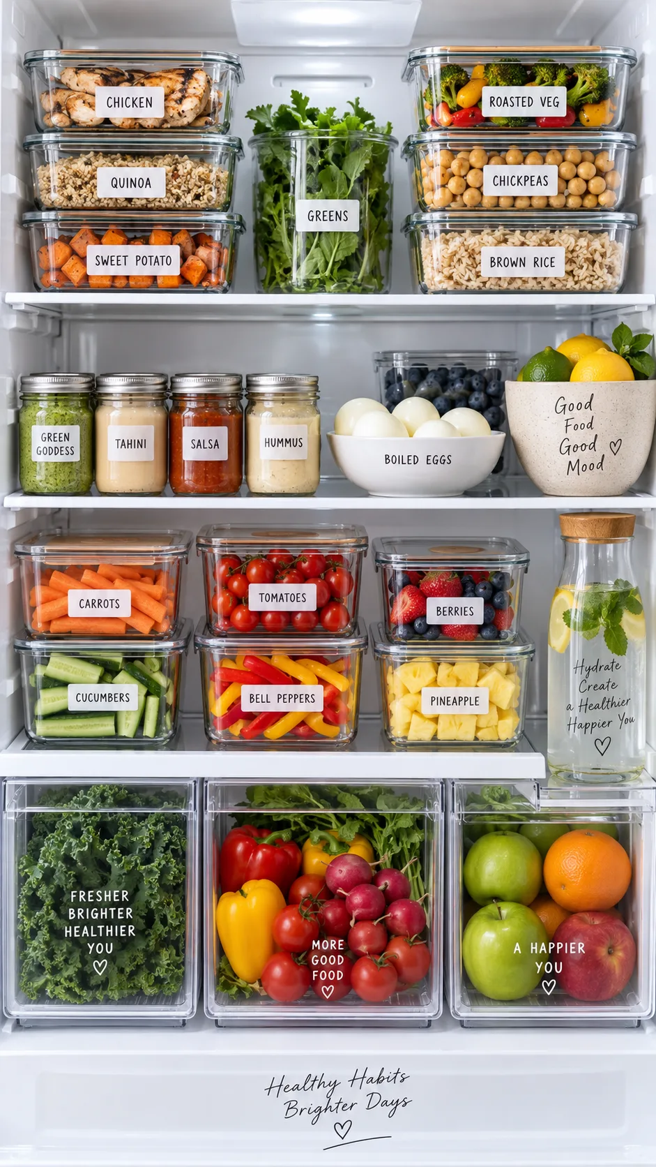Easy Keto Meal Prep for the Week: Save Time, Stay in Ketosis, and Never Feel Deprived 4 A well-organized refrigerator interior with neatly stacked labeled glass meal prep containers, small sauce jars, boiled eggs in a bowl, fresh vegetables in drawers, clean bright lighting, aspirational lifestyle photography