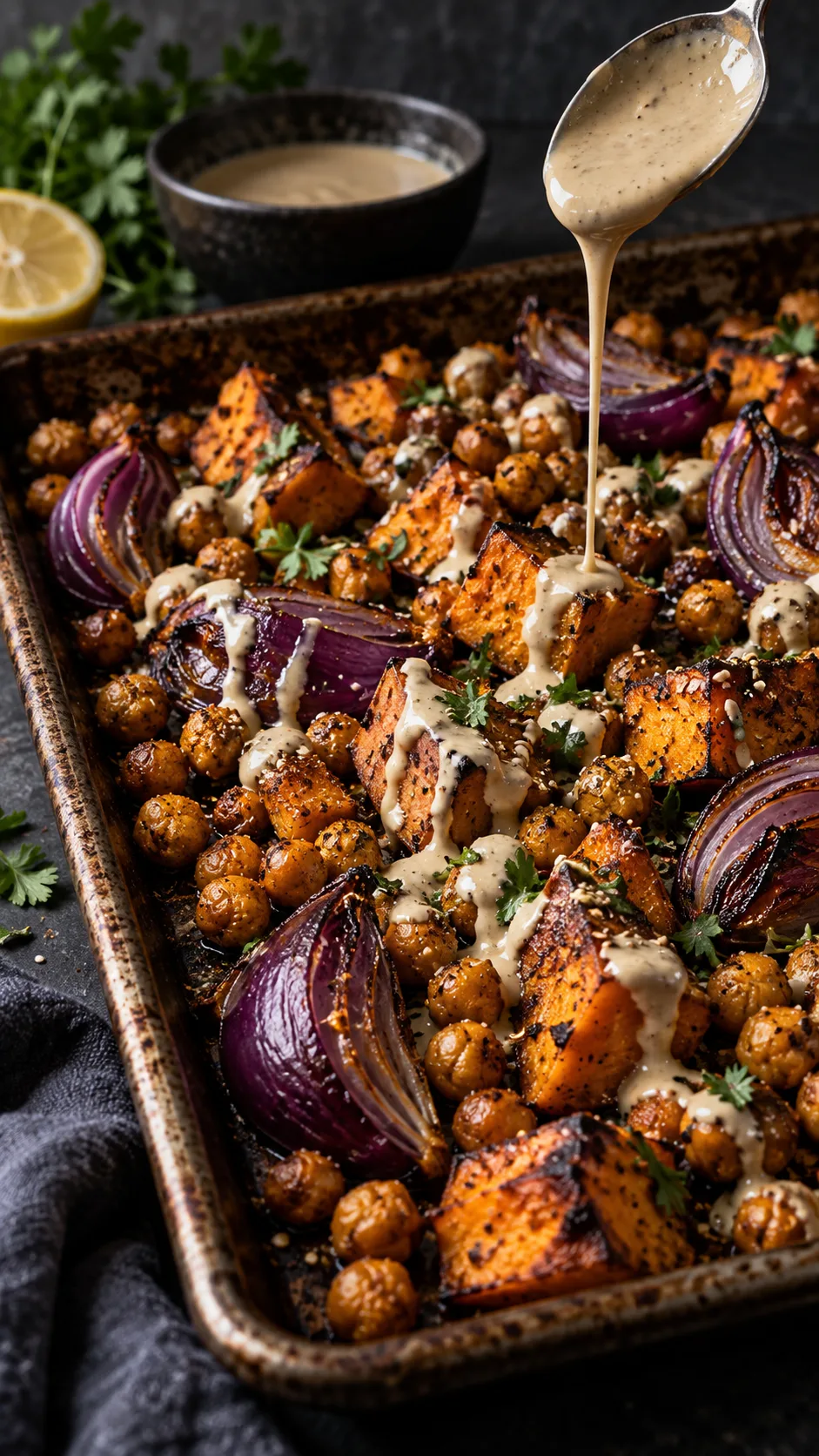 Easy Vegan Meal Prep for the Week: Healthy Recipes That Actually Keep You Full 3 Close-up of a rustic sheet pan with golden roasted chickpeas, caramelised sweet potato cubes and red onion wedges, tahini drizzle being poured from a spoon, dark moody food photography