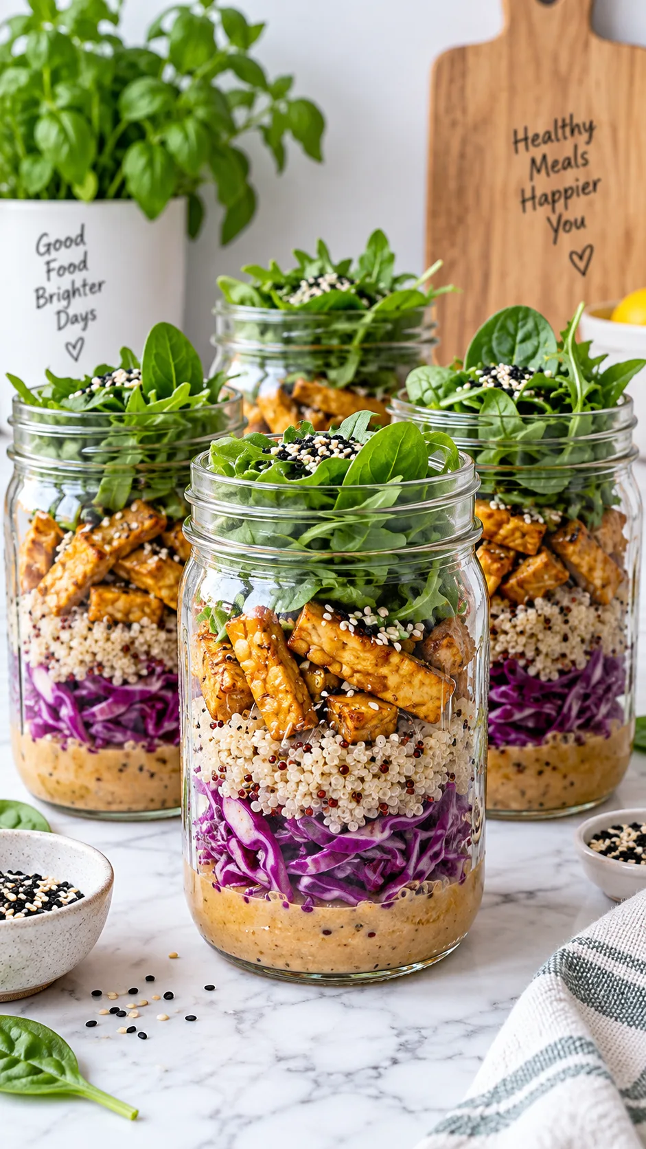 Easy Vegan Meal Prep for the Week: Healthy Recipes That Actually Keep You Full 4 Four tall glass mason jars layered with colourful salad ingredients — dressing at bottom, shredded purple cabbage, quinoa, golden tempeh strips, sesame seeds, green leaves on top — on a white marble surface, bright clean food photography
