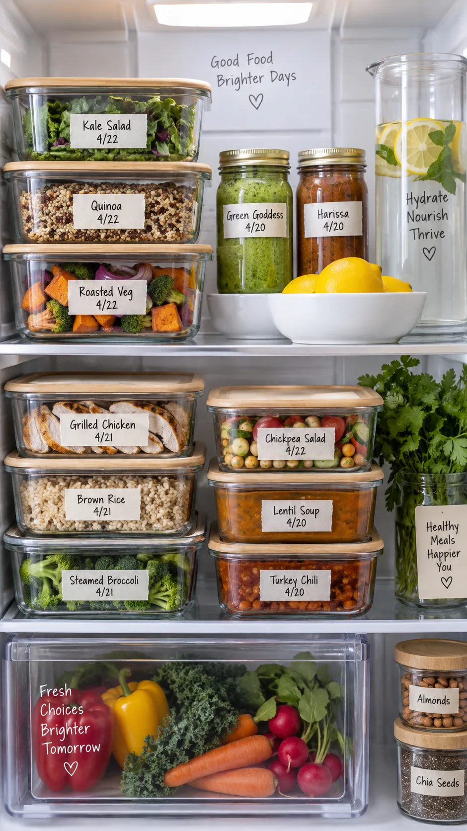 Easy Vegan Meal Prep for the Week: Healthy Recipes That Actually Keep You Full 5 Organised refrigerator shelf with labelled glass meal prep containers stacked neatly, small jars of sauces, masking tape labels with dates, clean bright lighting, lifestyle photography