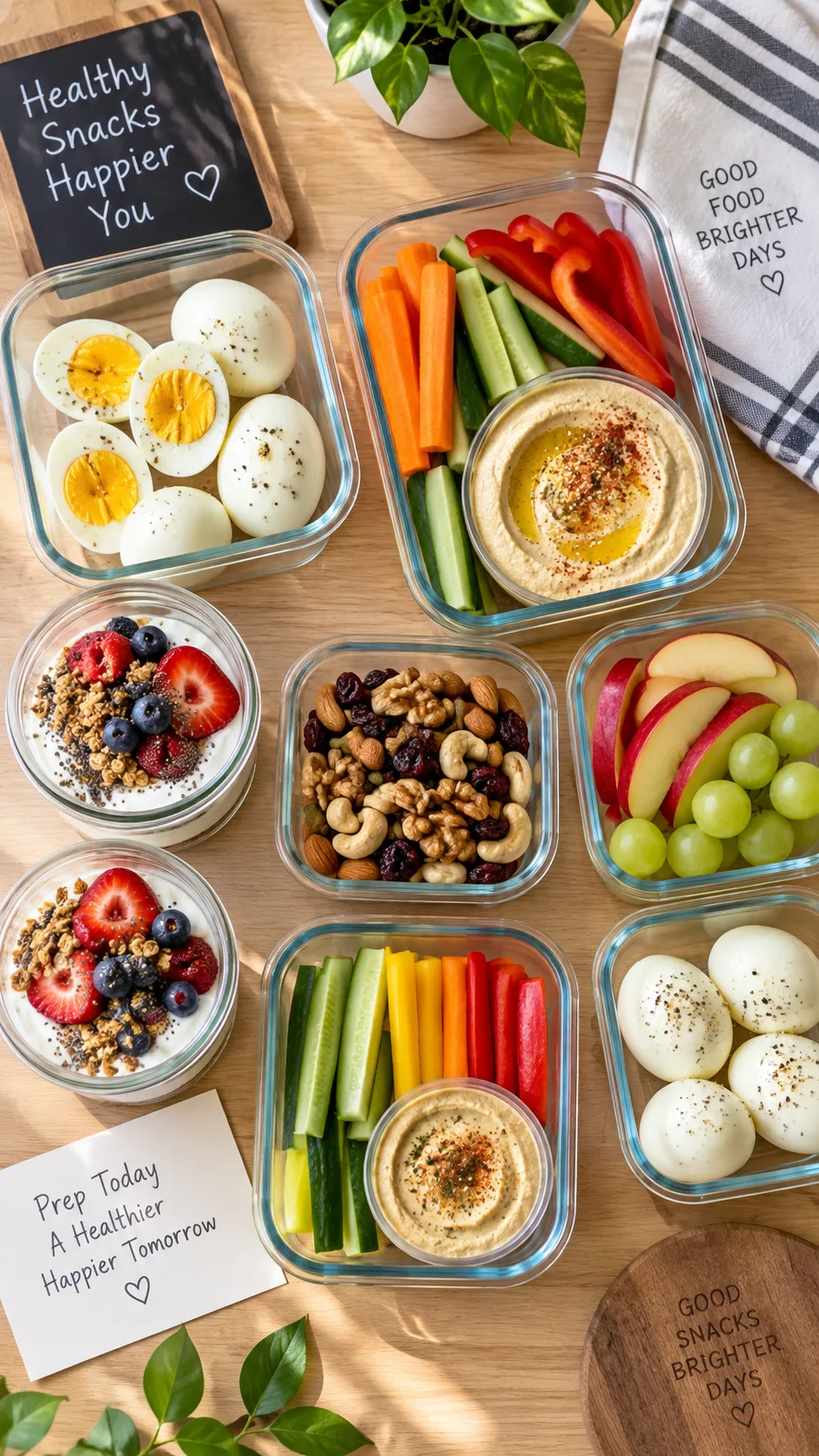 Healthy Meal Prep Snacks That Actually Keep You Full All Week 1 Overhead flat lay of glass meal prep containers filled with colorful healthy snacks including hard boiled eggs, hummus with veggie sticks, greek yogurt parfaits, and mixed nuts on a light wooden kitchen counter, bright natural window light, food photography