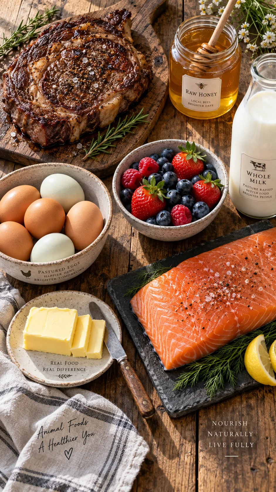 Animal Based Diet 101: What to Eat, What to Skip, and Why It Works 1 Overhead flat lay of an animal based diet meal spread on a rustic wooden table: grass-fed ribeye steak, pastured eggs, raw honey in a jar, whole milk, fresh berries, butter, and salmon fillet, natural window light, warm tones, professional food photography