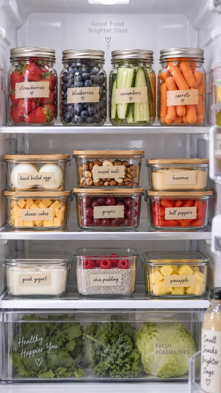 Healthy Meal Prep Snacks That Actually Keep You Full All Week 2 An organized refrigerator shelf showing neatly arranged small glass containers and mason jars of prepped snacks, labeled with masking tape, clean minimal aesthetic, soft interior fridge lighting