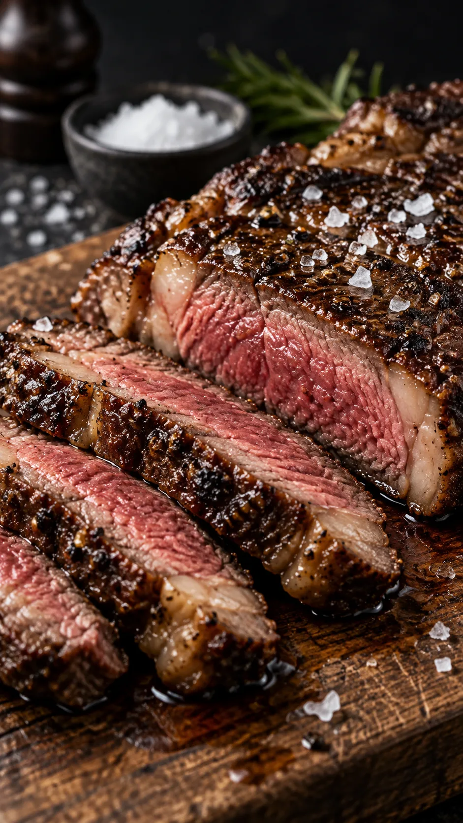 Animal Based Diet 101: What to Eat, What to Skip, and Why It Works 2 Close-up macro photograph of a perfectly cooked medium-rare grass-fed ribeye steak sliced on a wooden cutting board, sprinkled with flaky sea salt, juices visible, dark moody background, shallow depth of field