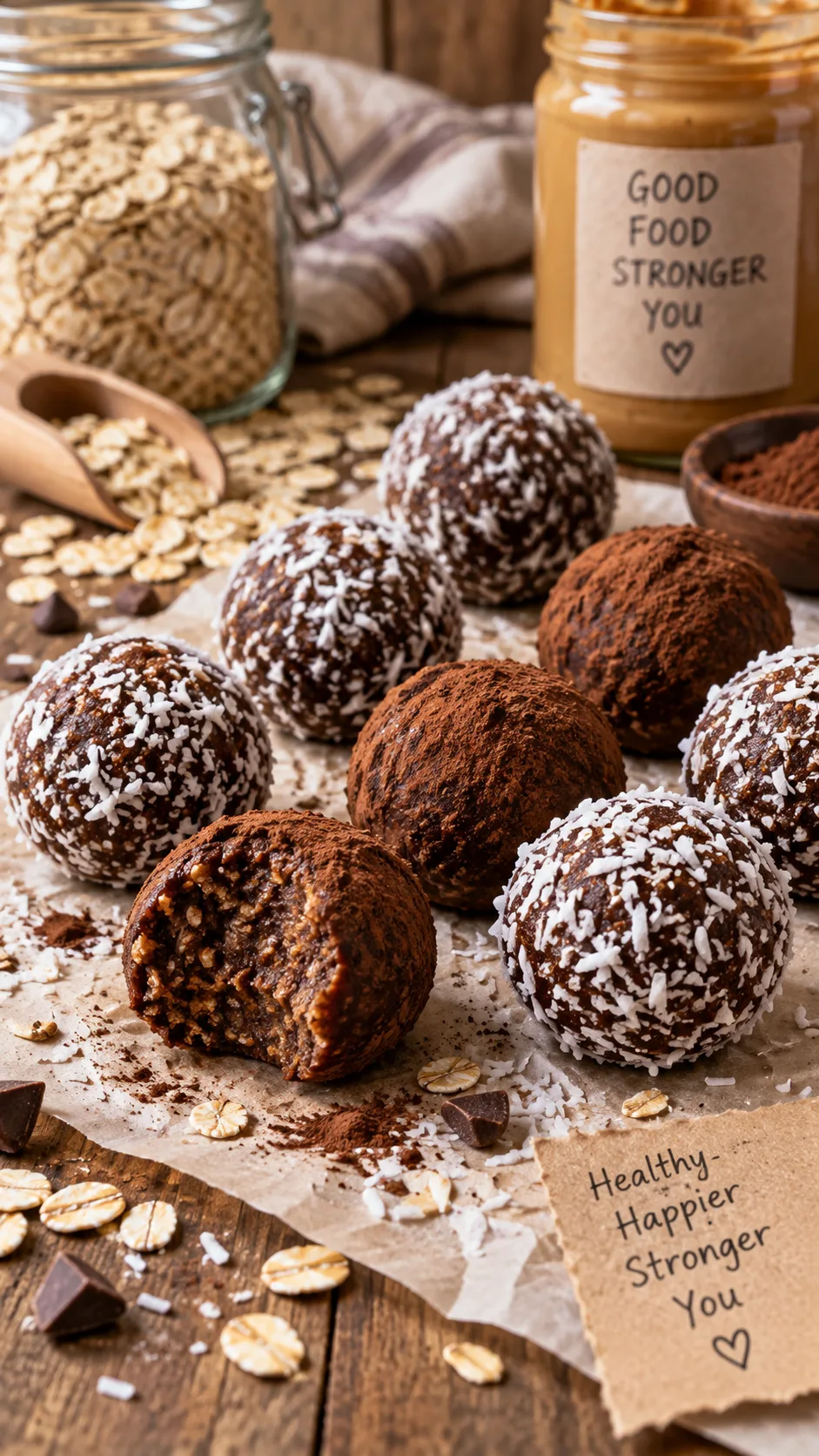 Healthy Meal Prep Snacks That Actually Keep You Full All Week 3 Close up of homemade chocolate protein energy balls rolled in coconut and cocoa, arranged on parchment paper with oats and peanut butter jar in background, warm rustic styling, shallow depth of field