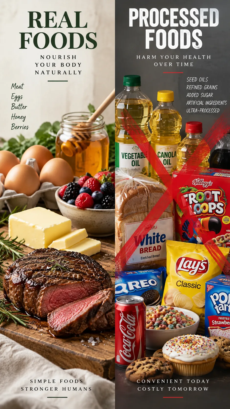 Animal Based Diet 101: What to Eat, What to Skip, and Why It Works 3 Split-screen comparison photograph: left side shows animal based foods (steak, eggs, butter, honey, berries), right side shows processed foods (seed oil bottles, bread, cereal boxes, packaged snacks) with a subtle red X overlay, clean studio lighting, editorial style