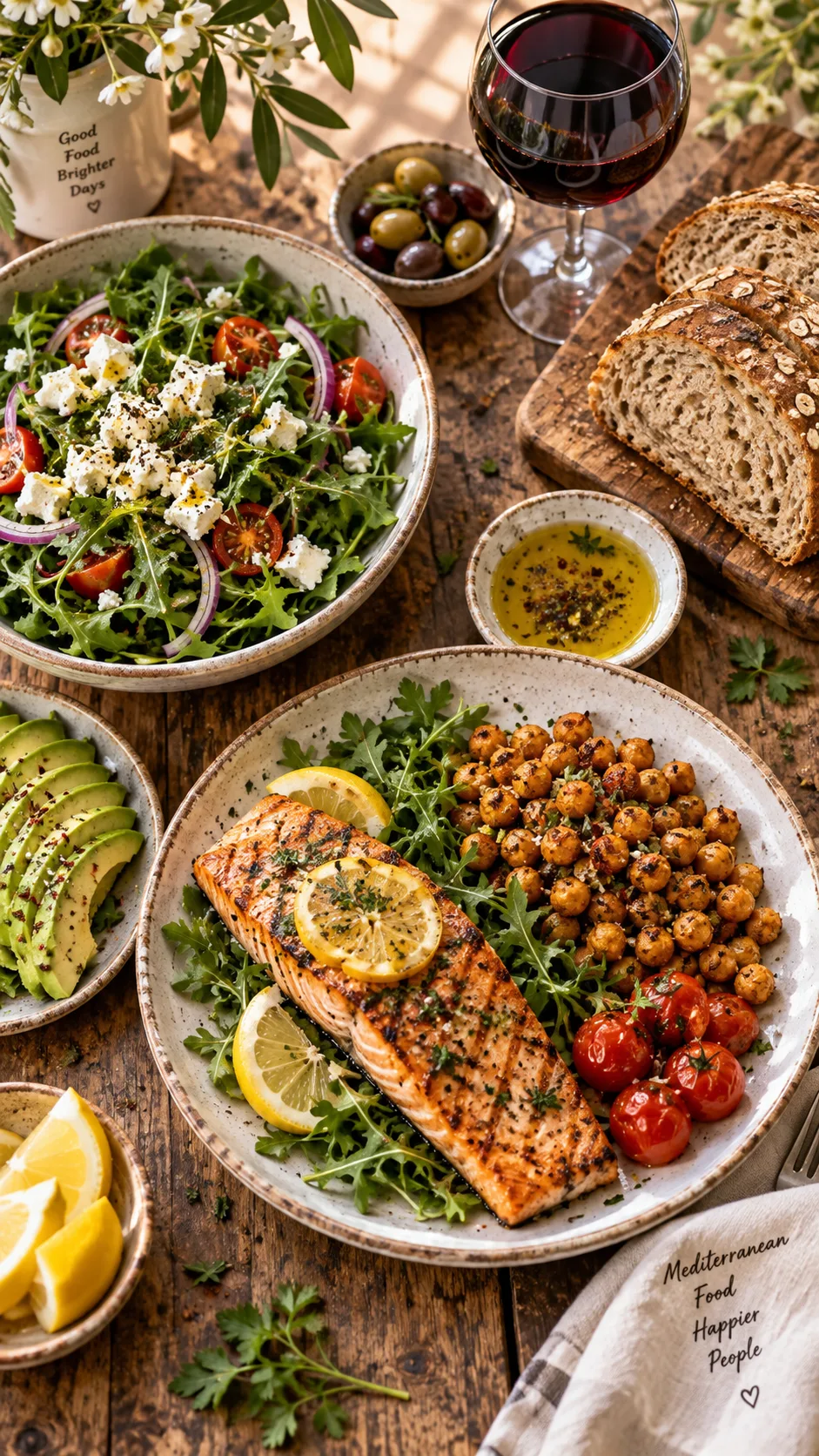The Low Cholesterol Diet Plan That Actually Lowers Your LDL (Without Boring Meals) 1 Overhead shot of a vibrant Mediterranean-style dinner spread on a rustic wooden table: grilled salmon with lemon, roasted chickpeas, olive oil drizzled greens, whole grain bread, avocado slices, and a glass of red wine, warm natural window light, shallow depth of field, food photography