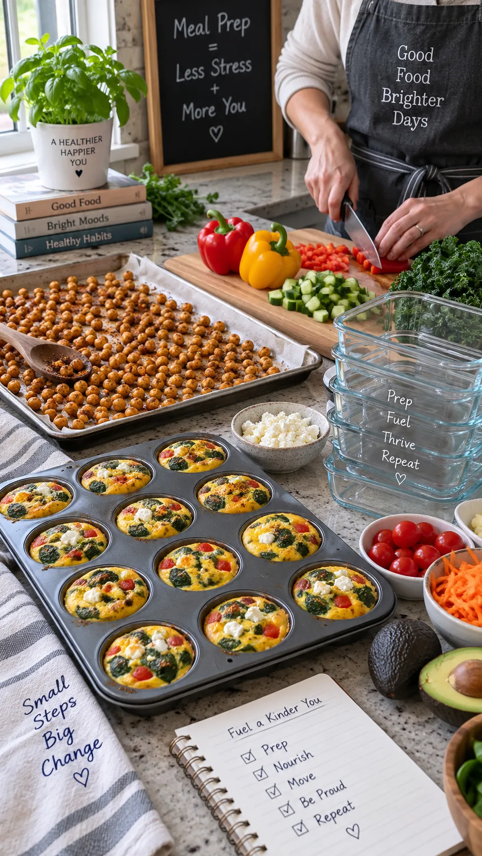 Healthy Meal Prep Snacks That Actually Keep You Full All Week 4 Busy kitchen countertop scene with a baking tray of roasted chickpeas, a muffin tin of egg muffins, chopped vegetables on a cutting board, and stacked empty containers ready for filling, action shot with hands working, natural light