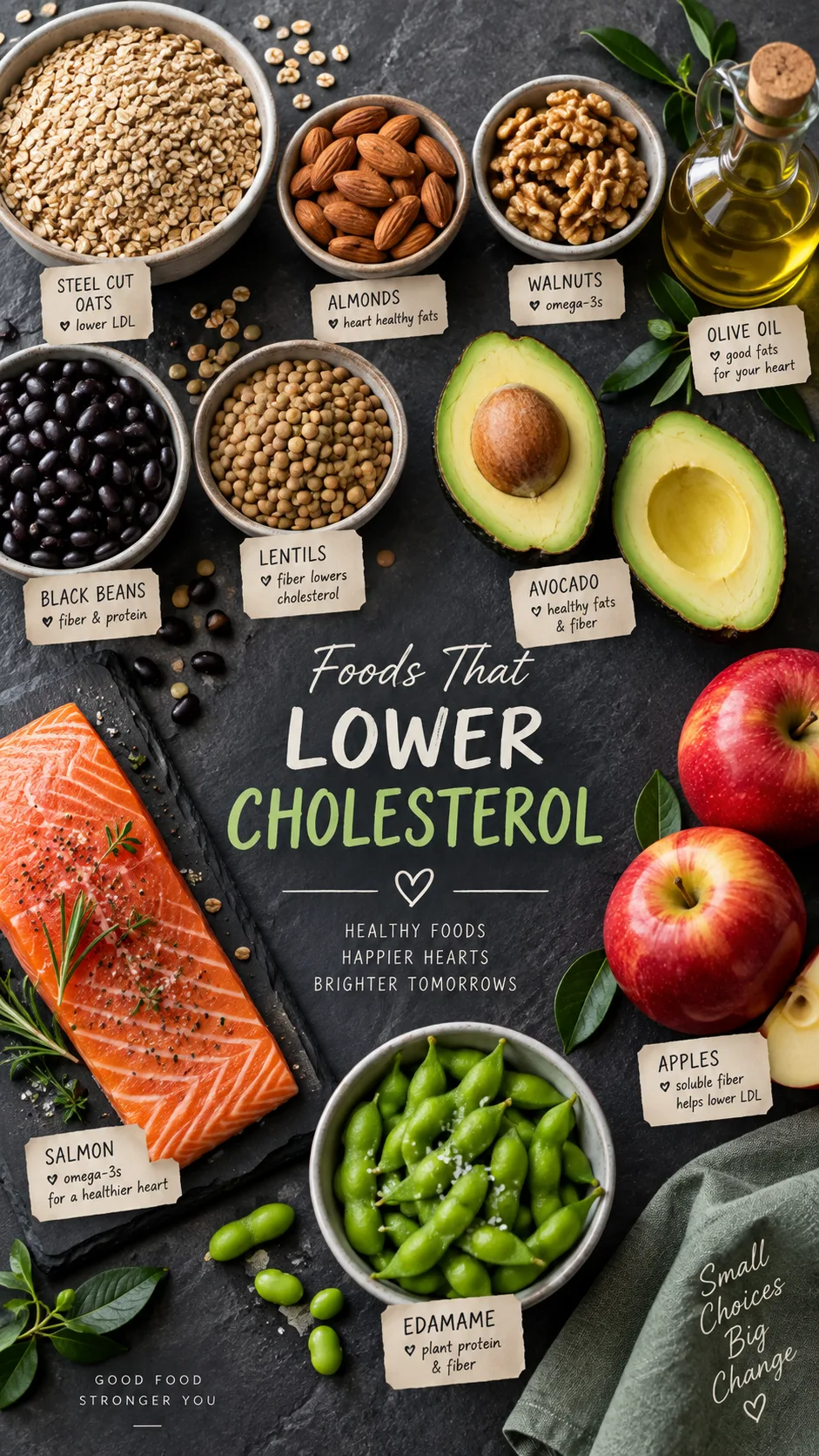 The Low Cholesterol Diet Plan That Actually Lowers Your LDL (Without Boring Meals) 2 Flat lay of cholesterol-lowering foods arranged neatly on a slate surface: steel cut oats in a bowl, almonds, walnuts, black beans, lentils, an avocado halved, olive oil in a small glass bottle, salmon fillet, edamame pods, and fresh apples, soft studio lighting, clean modern food styling