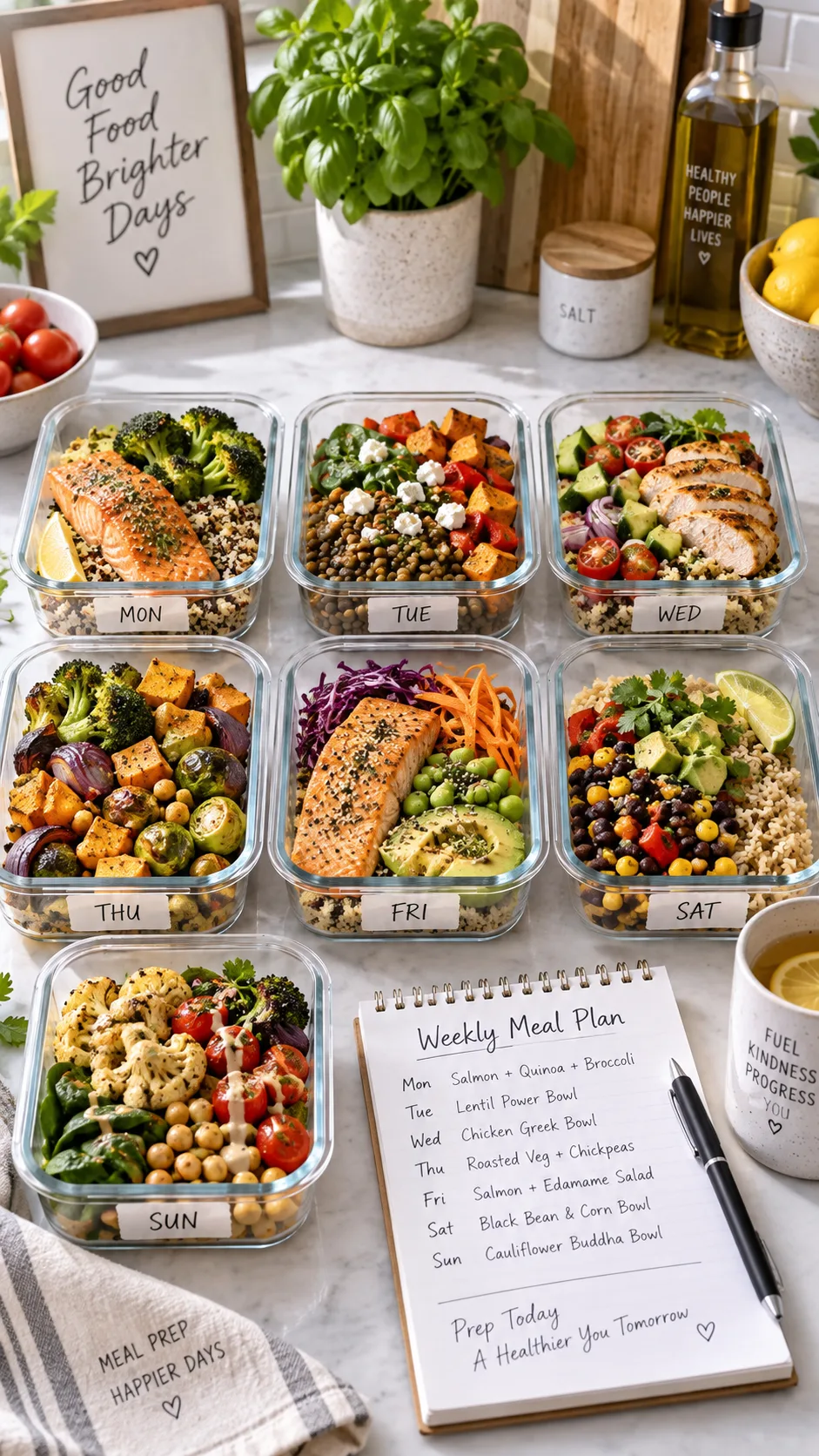 The Low Cholesterol Diet Plan That Actually Lowers Your LDL (Without Boring Meals) 3 A weekly meal prep scene: seven glass containers on a kitchen counter filled with colorful balanced meals including salmon, lentils, quinoa salads, roasted vegetables and beans, with a notepad meal plan and pen beside them, bright natural kitchen lighting, aspirational but realistic