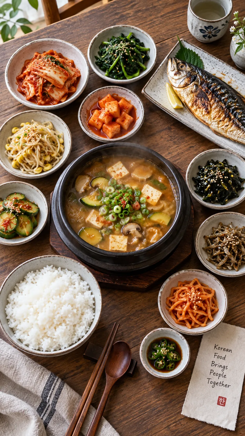 Overhead photo of a traditional Korean meal spread on a wooden table: bowl of steamed rice, doenjang jjigae stew in an earthenware pot, grilled fish, and eight small banchan side dishes including kimchi, spinach namul, and bean sprouts, natural window lighting, food photography