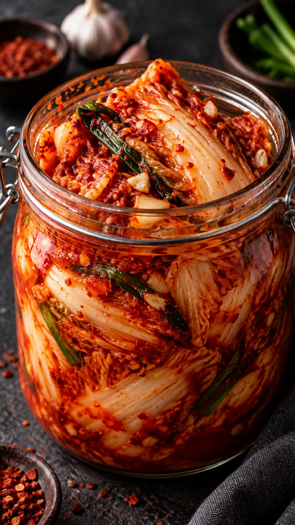 Close-up macro shot of vibrant red napa cabbage kimchi in a glass jar, visible chili flakes and garlic, moody dark background, steam-free, crisp texture detail, professional food photography
