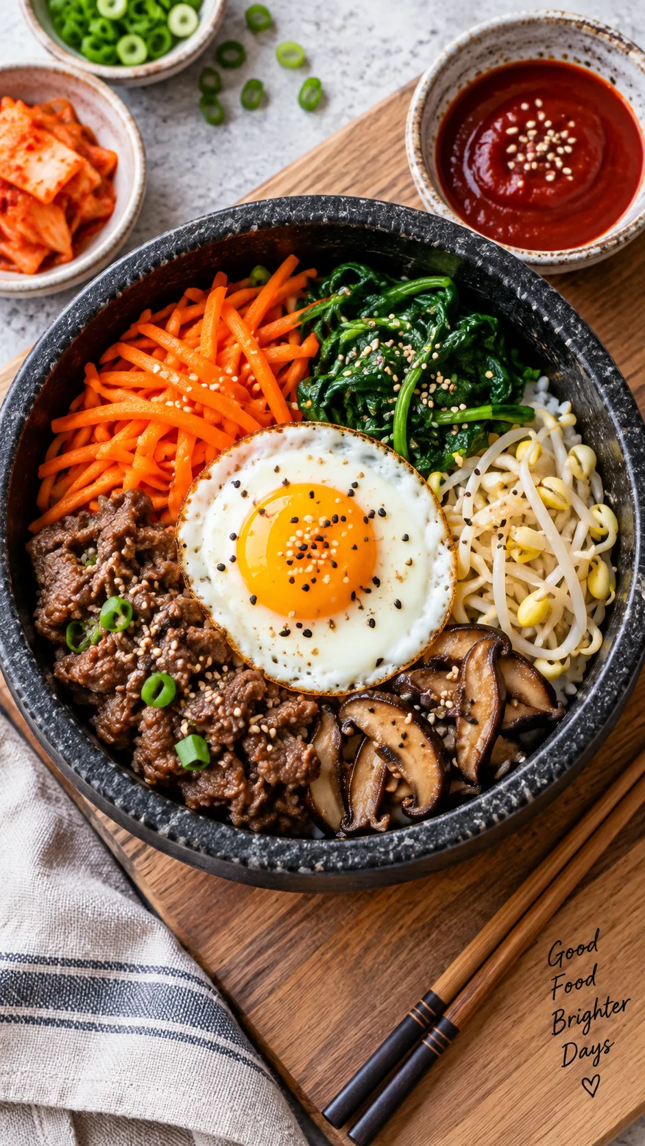 A colorful bibimbap bowl from above with neatly arranged sections of julienned carrots, spinach, bean sprouts, mushrooms, beef, and a sunny-side-up egg in the center with gochujang sauce on the side, bright natural lighting
