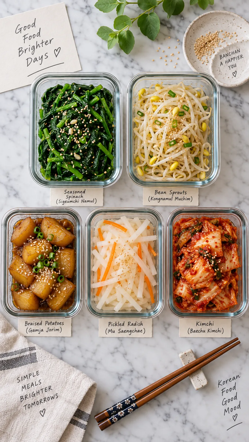 Meal prep flat lay showing five glass containers filled with Korean banchan side dishes - seasoned spinach, bean sprouts, braised potatoes, pickled radish, and kimchi - arranged neatly on a marble countertop with chopsticks