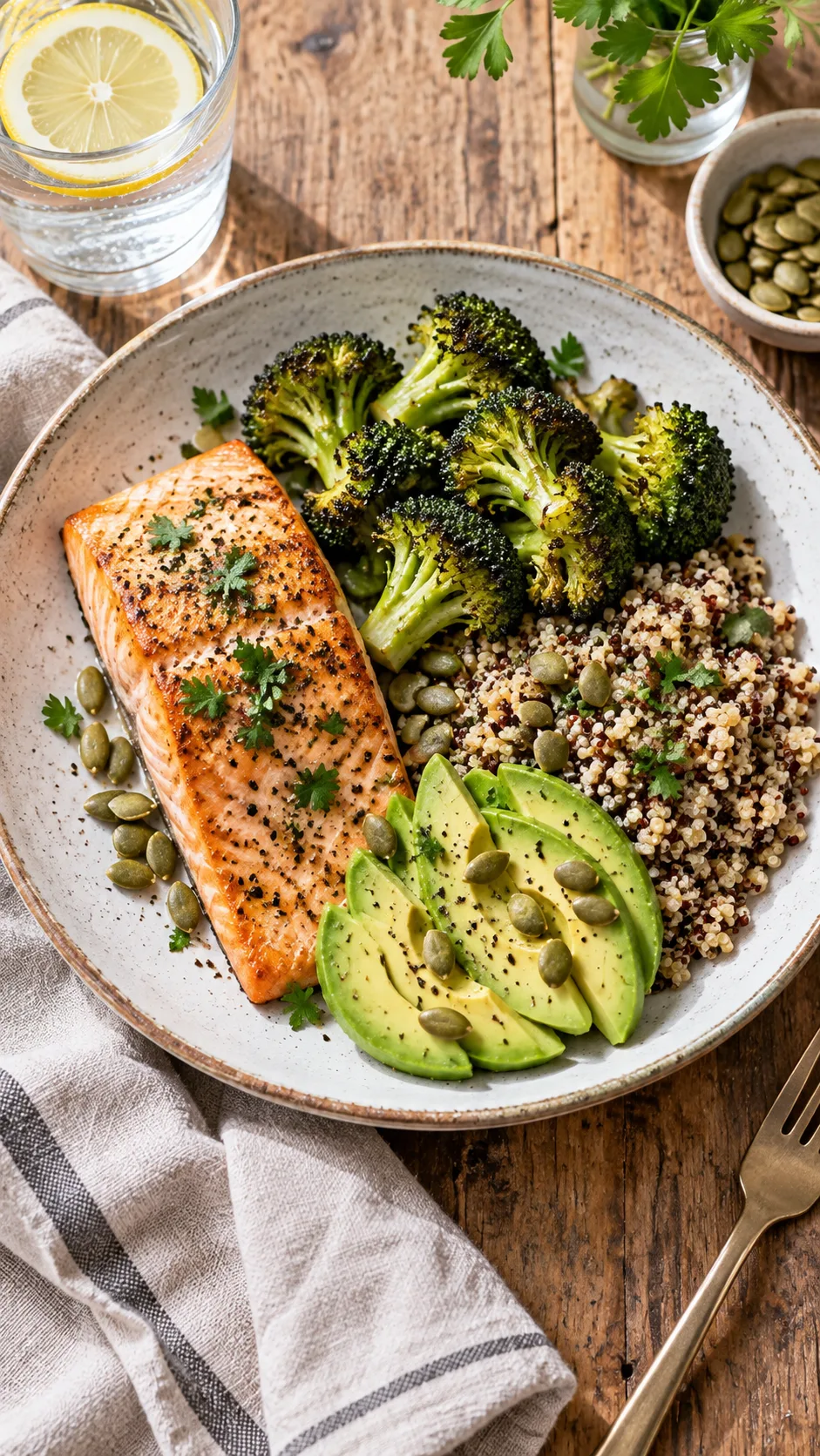 The Hormone Balancing Diet Plan That Finally Fixed My Mood, Energy & Cycles 1 Bright natural-light overhead shot of a hormone-balancing meal: salmon fillet, roasted broccoli, quinoa, avocado slices and pumpkin seeds on a ceramic plate, linen napkin, wooden table