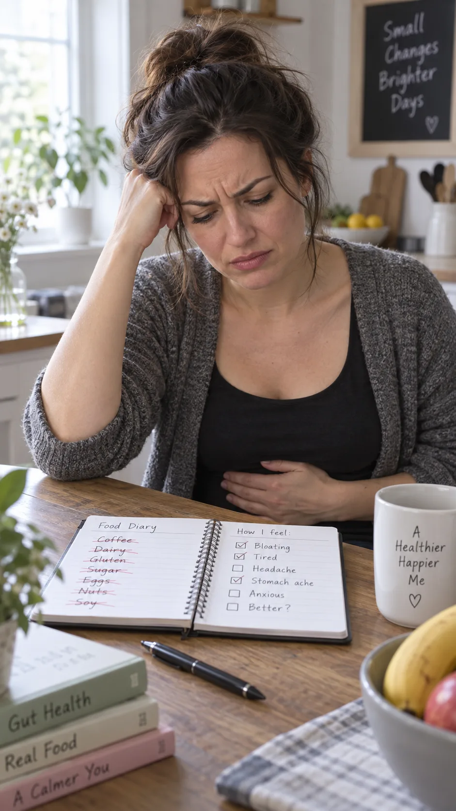 The IBS Diet Plan That Finally Stops the Guessing Game 1 A frustrated woman in her thirties sitting at a kitchen table with a food diary notebook, several crossed-out food items visible, holding her stomach with one hand, soft natural window light, documentary photography style