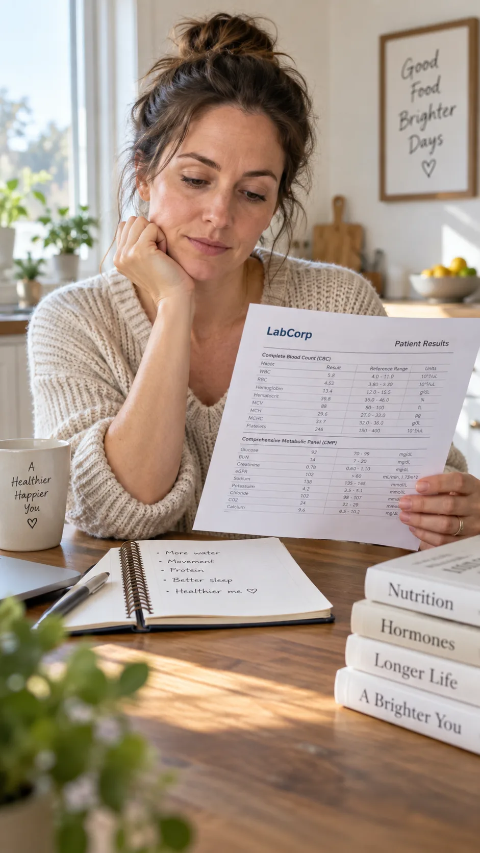 The Hormone Balancing Diet Plan That Finally Fixed My Mood, Energy & Cycles 2 Woman in her early thirties sitting at a kitchen table with a notebook and blood test results, morning light, thoughtful expression, realistic documentary photography style
