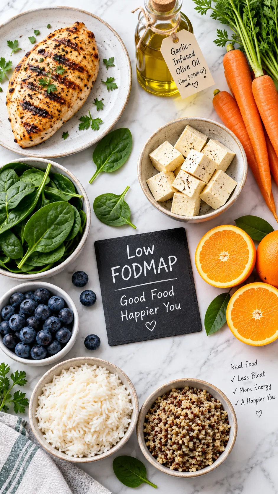 The IBS Diet Plan That Finally Stops the Guessing Game 2 Overhead flat lay of low FODMAP foods on a white marble surface: grilled chicken breast, firm tofu, carrots, spinach, blueberries, oranges, rice, quinoa, garlic-infused olive oil bottle, bright clean food photography