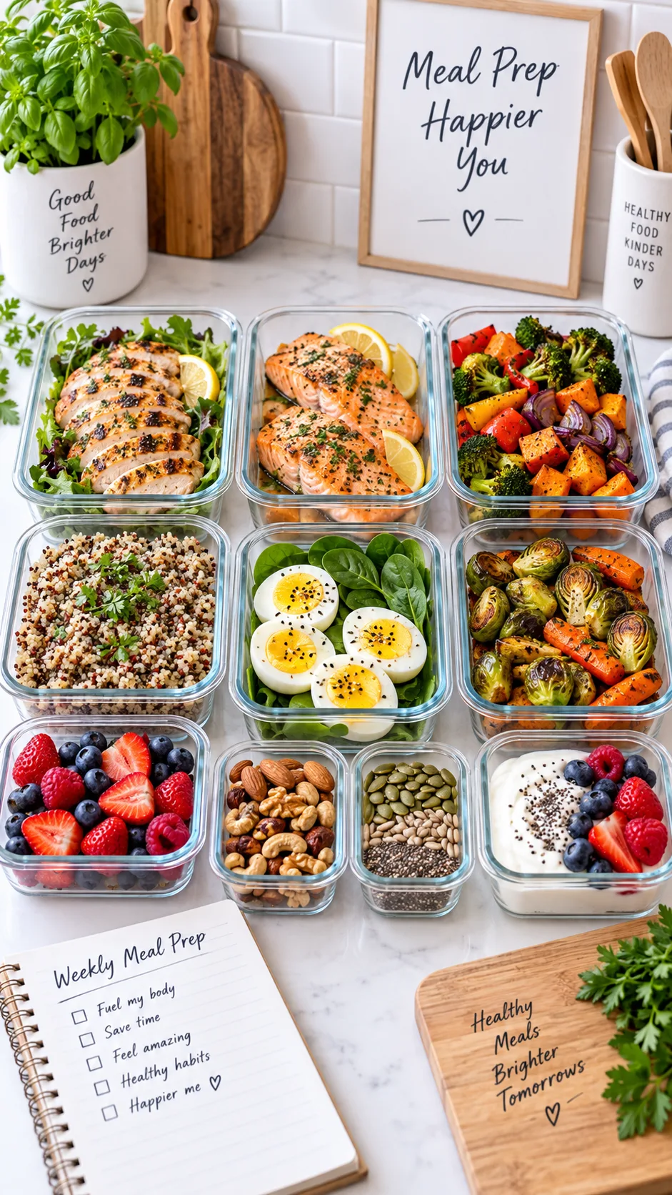 The Hormone Balancing Diet Plan That Finally Fixed My Mood, Energy & Cycles 3 Colourful weekly meal prep spread in glass containers: grilled chicken, salmon, roasted vegetables, quinoa, boiled eggs, berries, nuts and seeds on a white kitchen counter