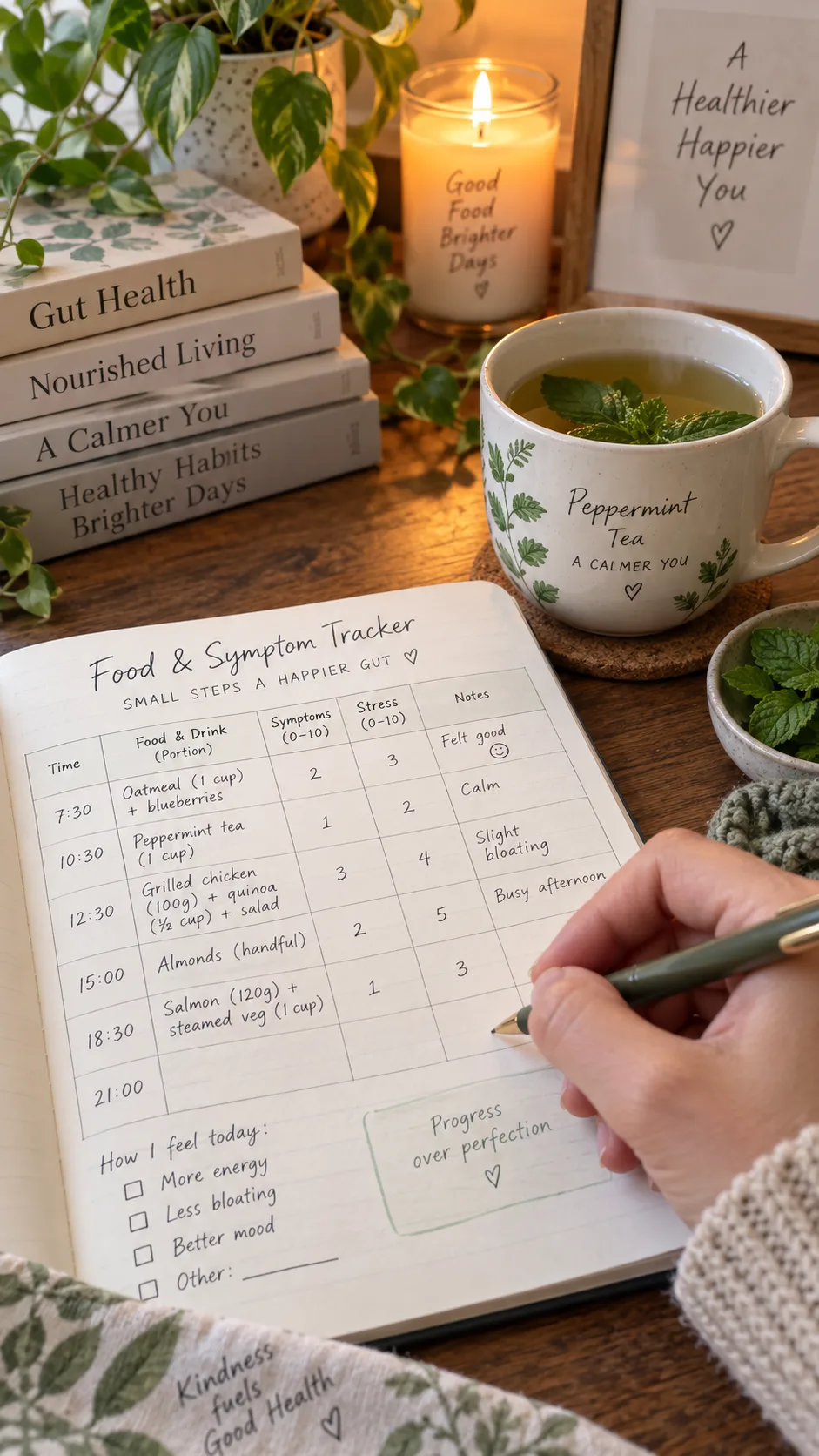 The IBS Diet Plan That Finally Stops the Guessing Game 3 Close-up of a hand writing in a structured food and symptom tracking journal with columns for time, portion, symptoms and stress score, cup of peppermint tea beside it, warm cosy lighting