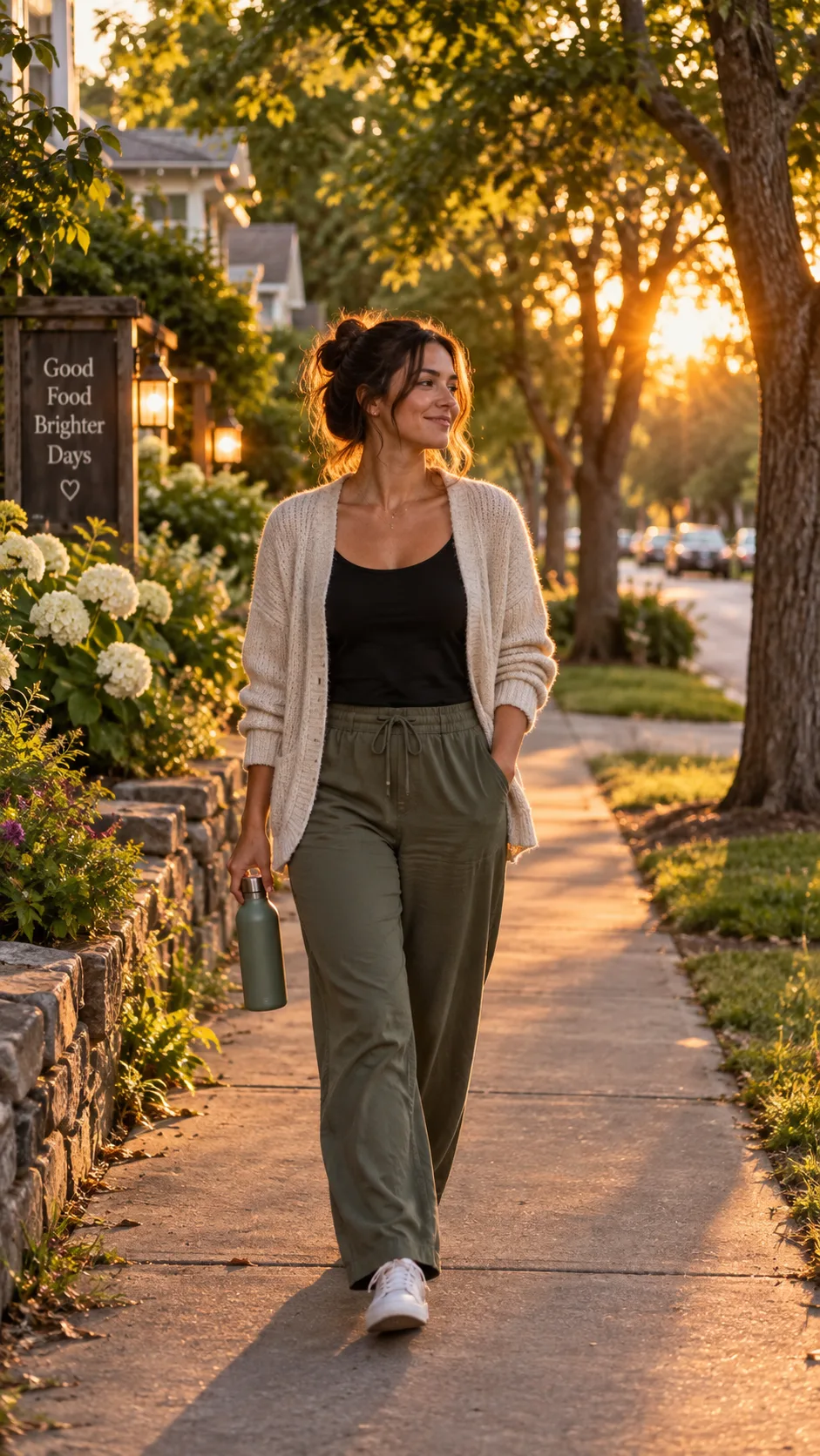 The Hormone Balancing Diet Plan That Finally Fixed My Mood, Energy & Cycles 4 Woman walking on a tree-lined suburban path at golden hour after dinner, casual clothing, relaxed and calm, warm natural lighting, candid lifestyle photography
