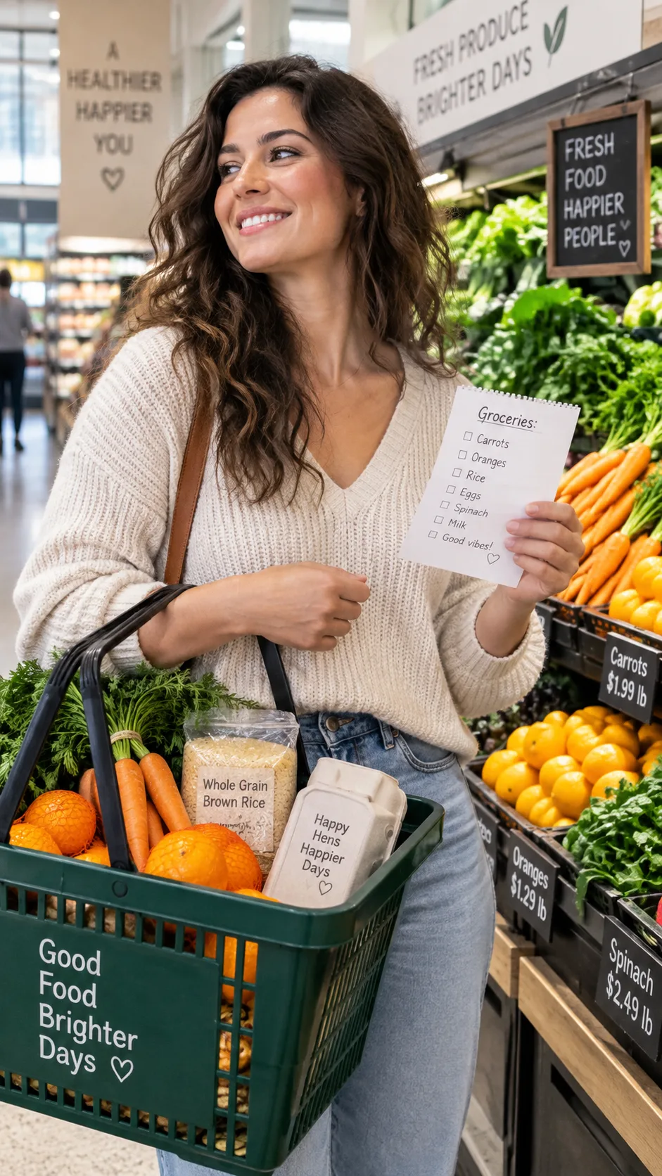 The IBS Diet Plan That Finally Stops the Guessing Game 5 A confident relaxed person shopping in a supermarket produce aisle holding a small shopping list, smiling, basket with carrots oranges rice and eggs, bright natural store lighting, candid lifestyle photography