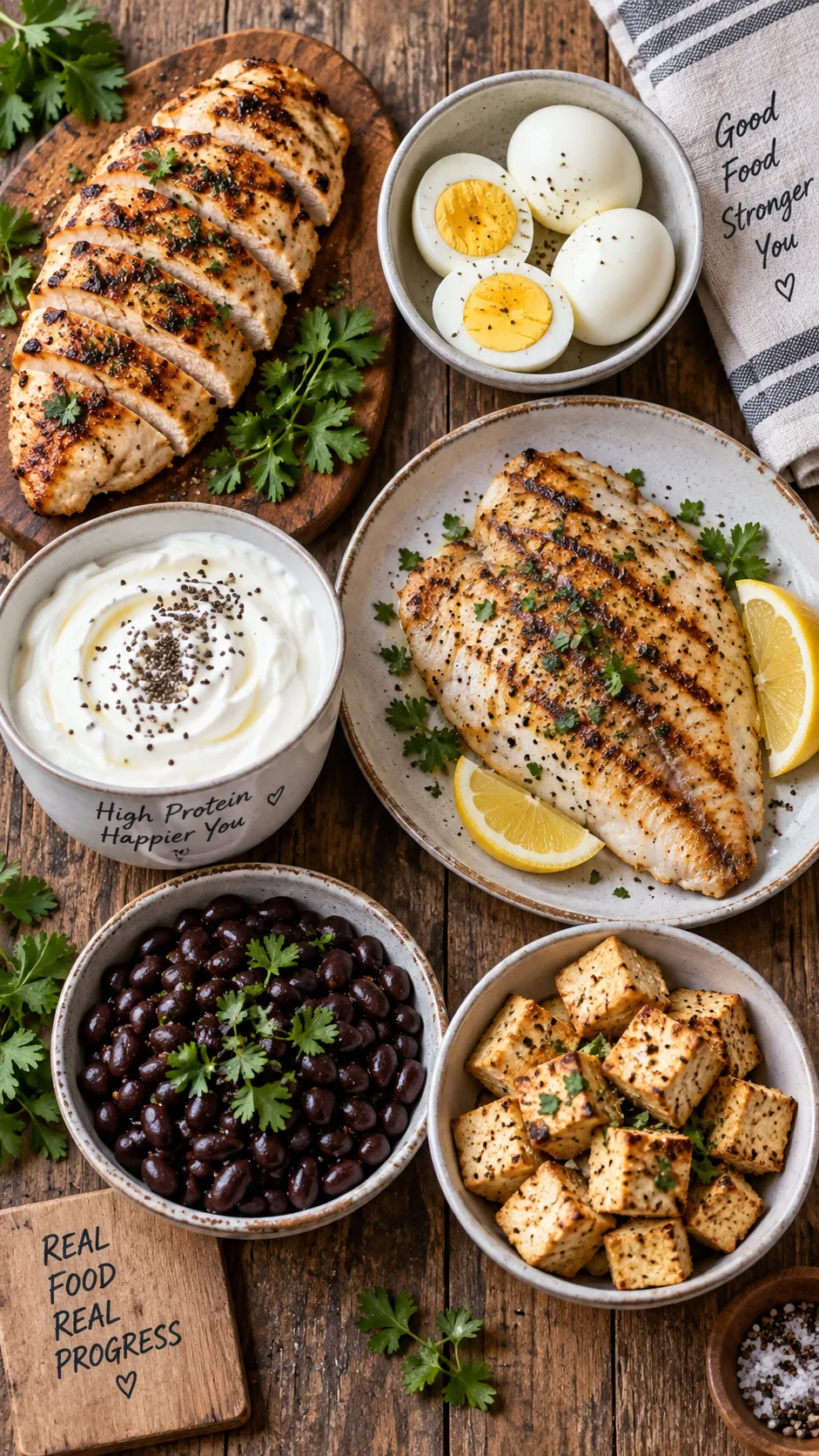 Overhead flat lay photograph of high protein foods arranged on a rustic wooden table: grilled chicken breast, boiled eggs, grilled tilapia fish, Greek yoghurt, black beans, tofu cubes, natural daylight, clean food photography style