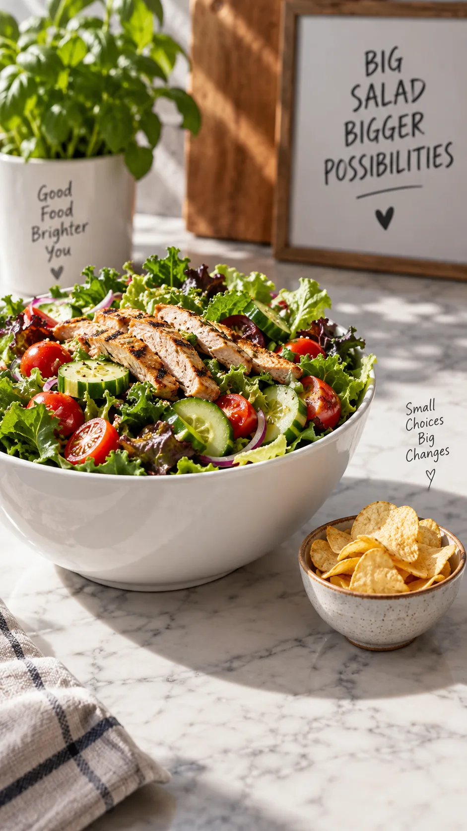 Large white bowl filled with an enormous fresh salad of leafy greens, cucumber, cherry tomatoes and grilled chicken strips next to a tiny bowl of chips, side by side comparison, dramatic natural lighting, food photography showing portion contrast