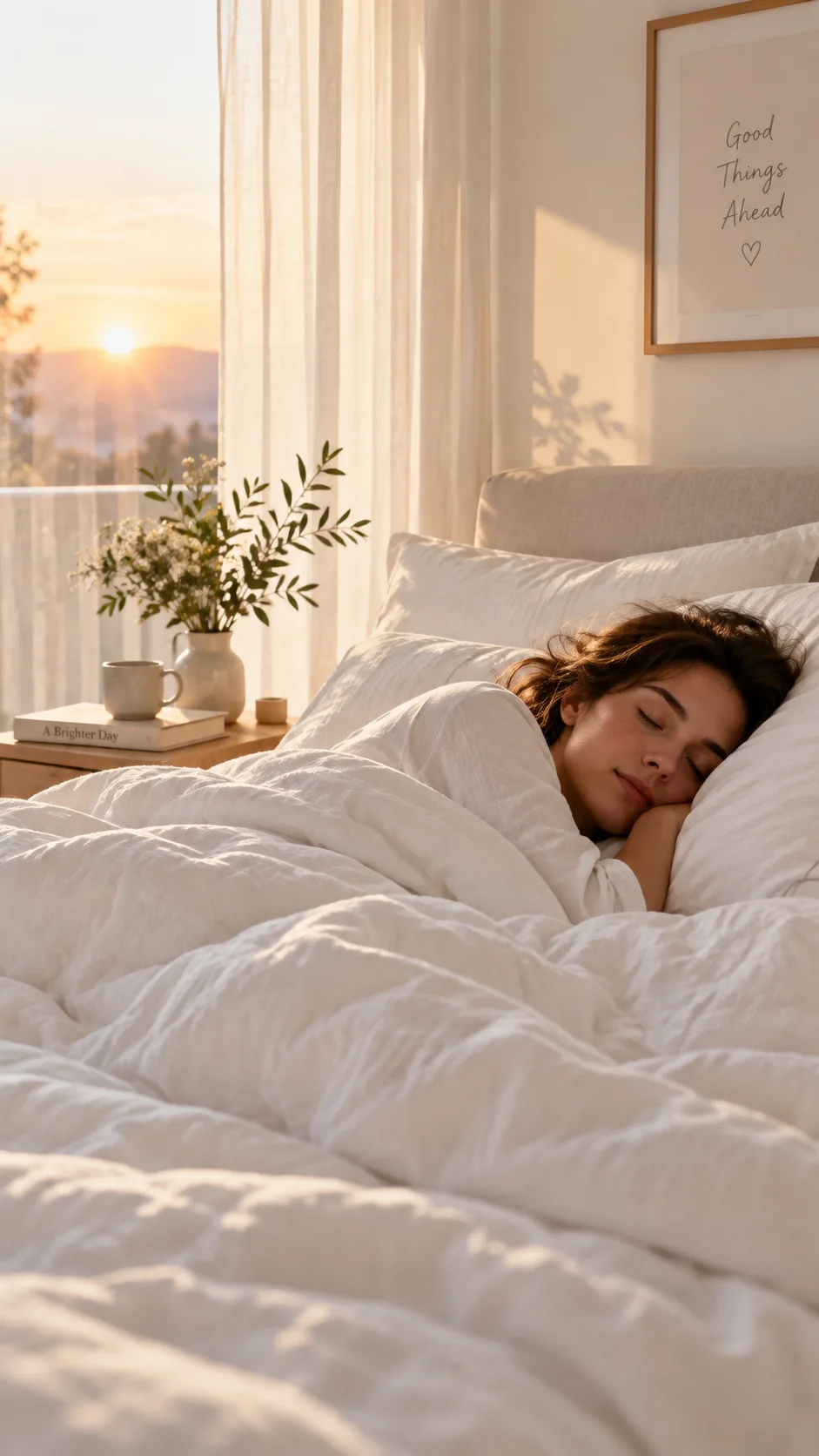 Peaceful bedroom scene at dawn, person sleeping soundly in white linen bedding, soft warm morning light through sheer curtains, calm minimal aesthetic, lifestyle photography