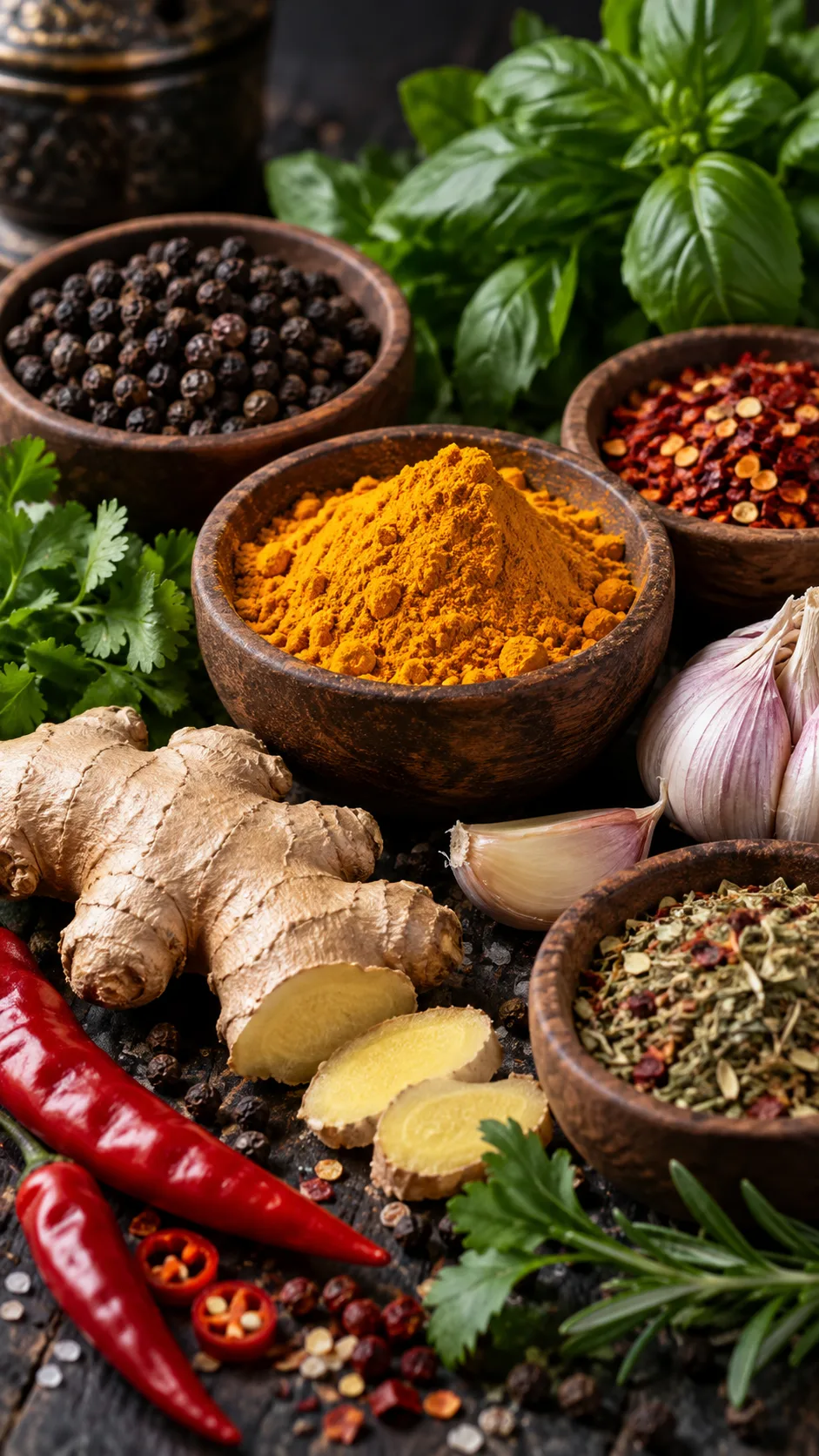 Close up macro photograph of colorful spices and fresh herbs in small wooden bowls, ginger root, garlic cloves, red chilli, black peppercorns, fresh green herbs, dark moody background, professional food photography