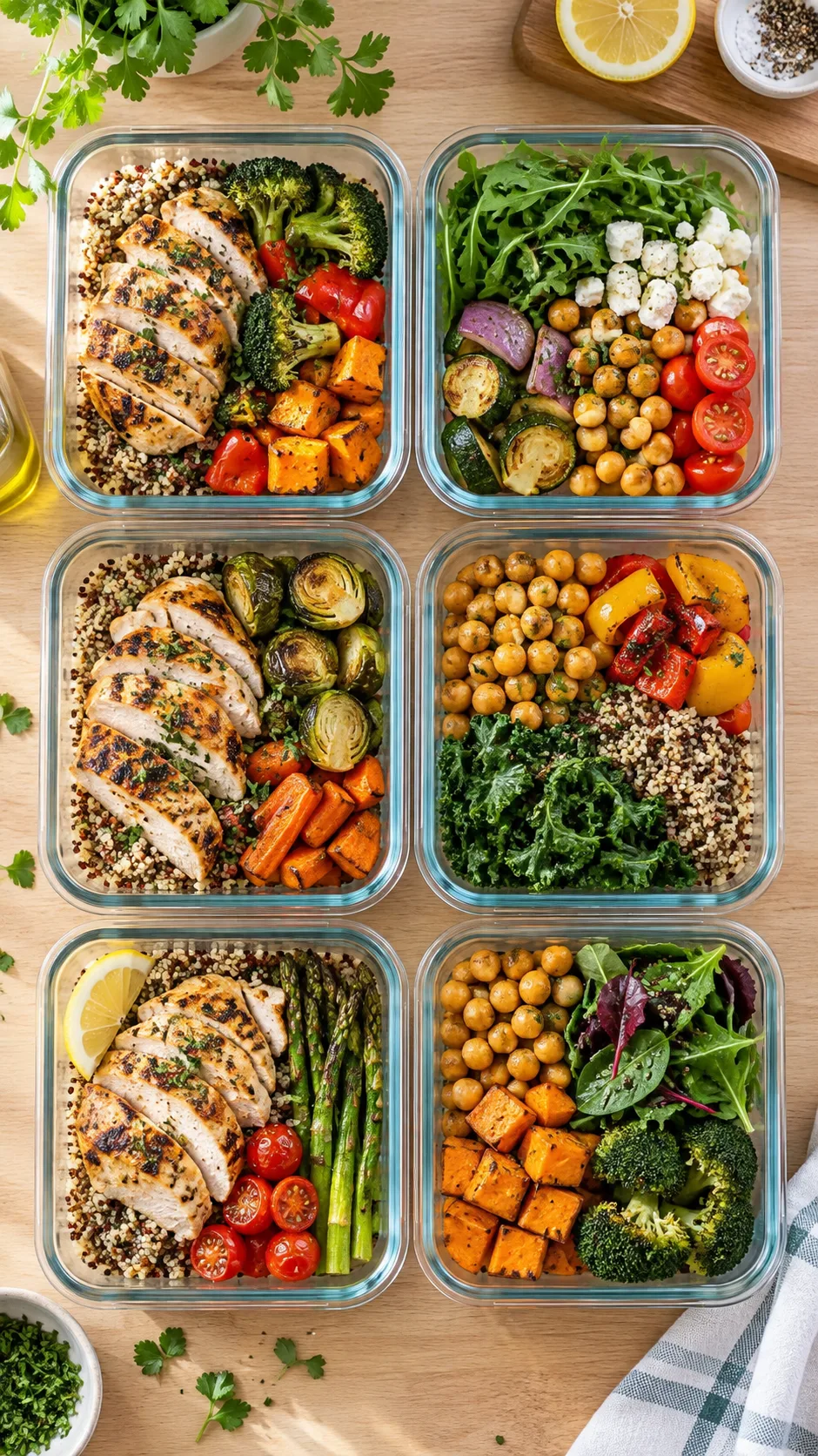 Overhead flat lay of six glass meal prep containers filled with colorful balanced meals — grilled chicken, roasted vegetables, quinoa, chickpeas, and leafy greens — on a light wooden kitchen counter, natural window light, food photography style