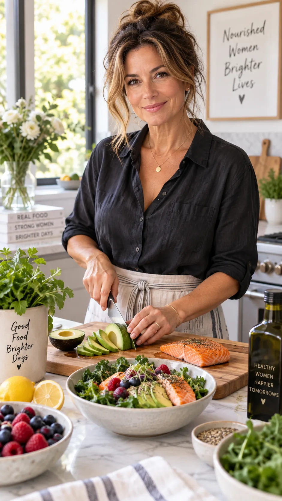 A confident woman in her late 40s standing in a bright modern kitchen, preparing a colorful meal with avocado, salmon, leafy greens and berries, natural window light, warm editorial photography style, shallow depth of field